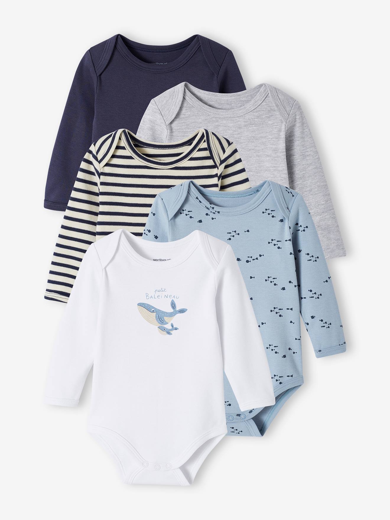 Lot de 5 bodies manches longues bébé emmanchure US en coton Bio bleu nuit