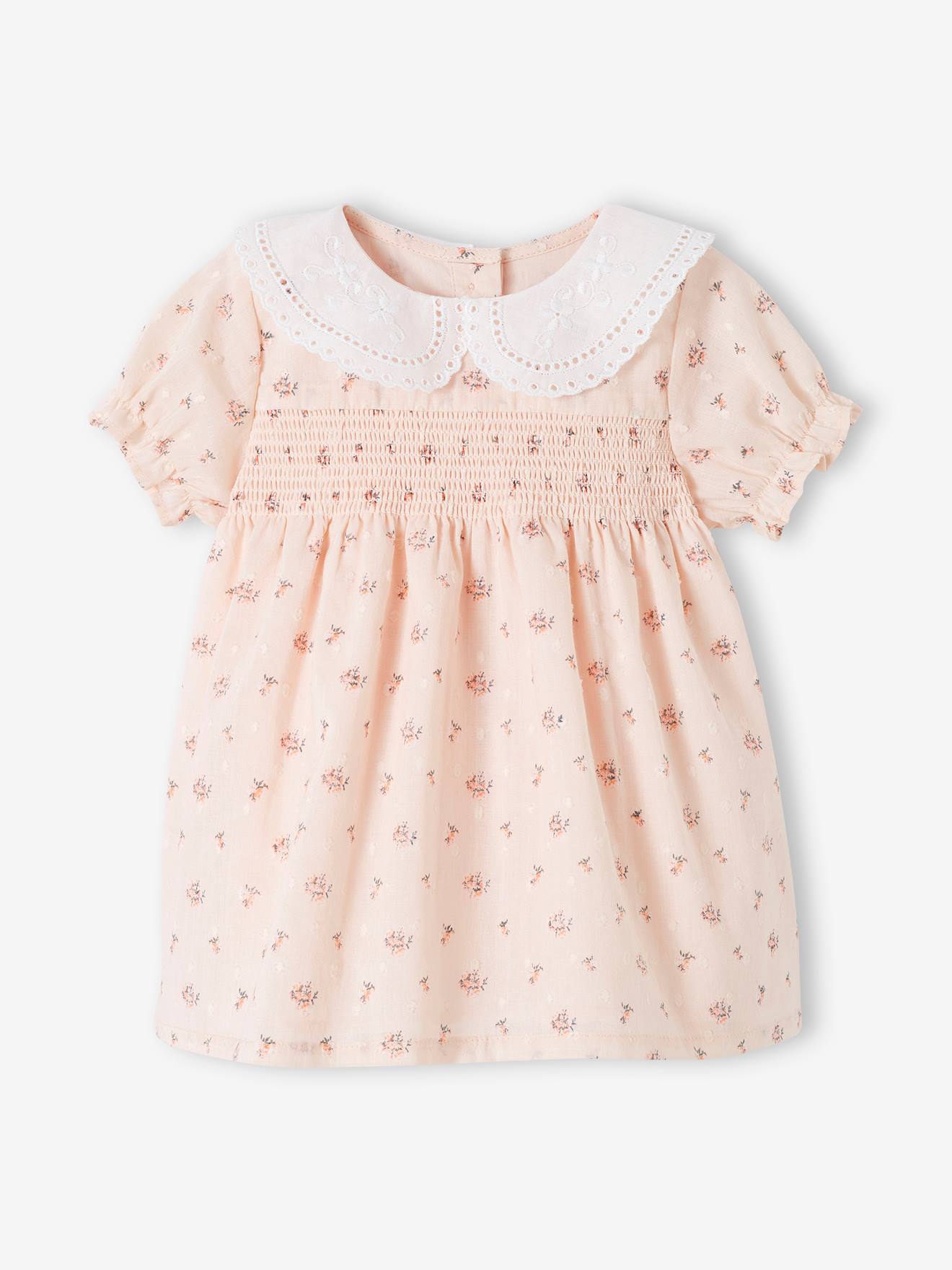 Robe à smocks cérémonie naissance col en broderie anglaise rose pâle