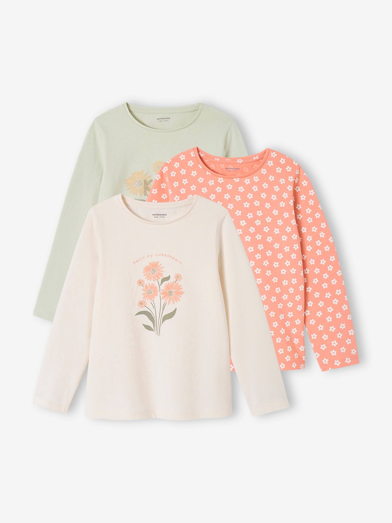 Lot de 3 t-shirts fille manches longues vert amande