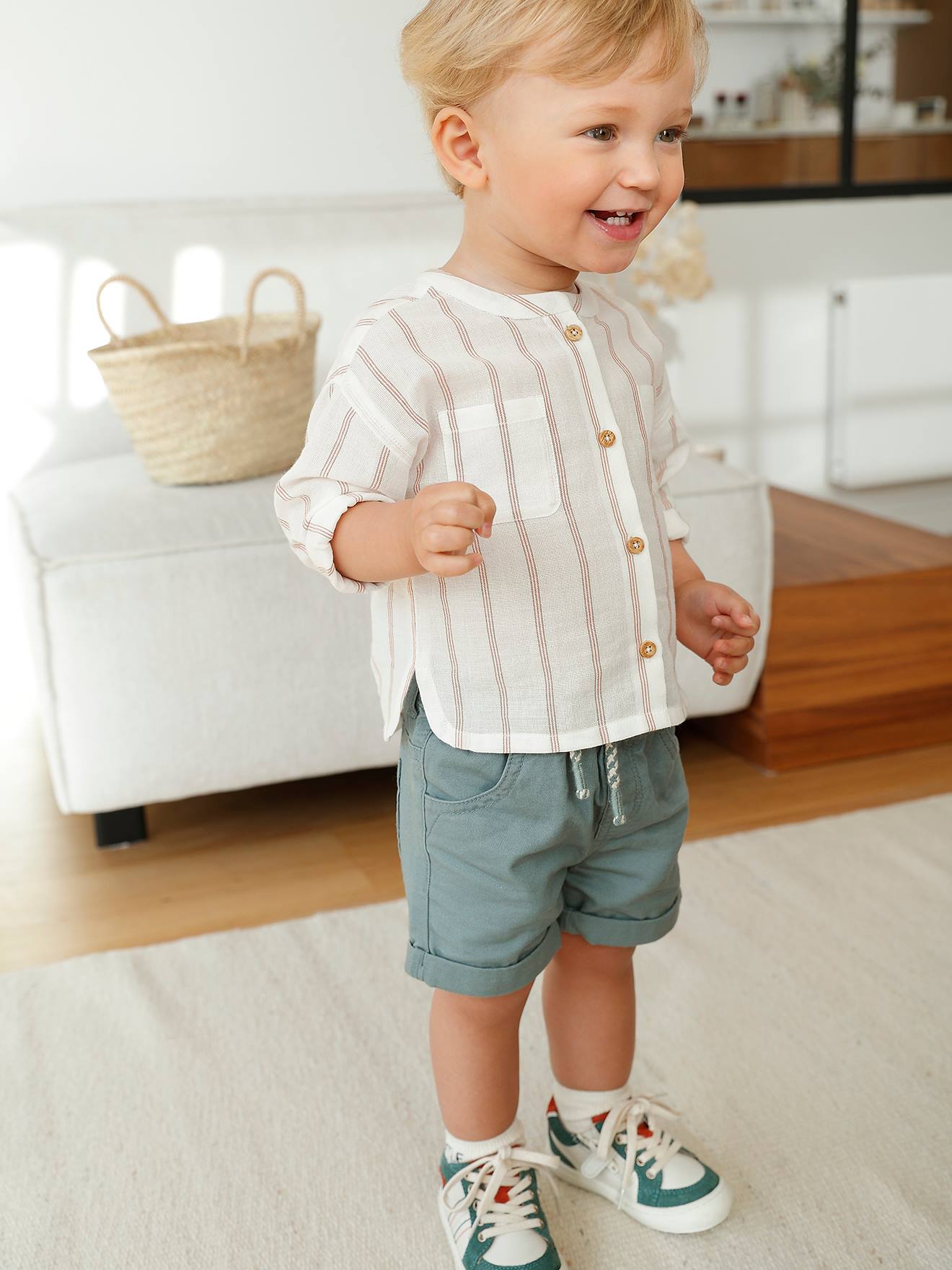 Chemise rayée col mao bébé en gaze de coton écru
