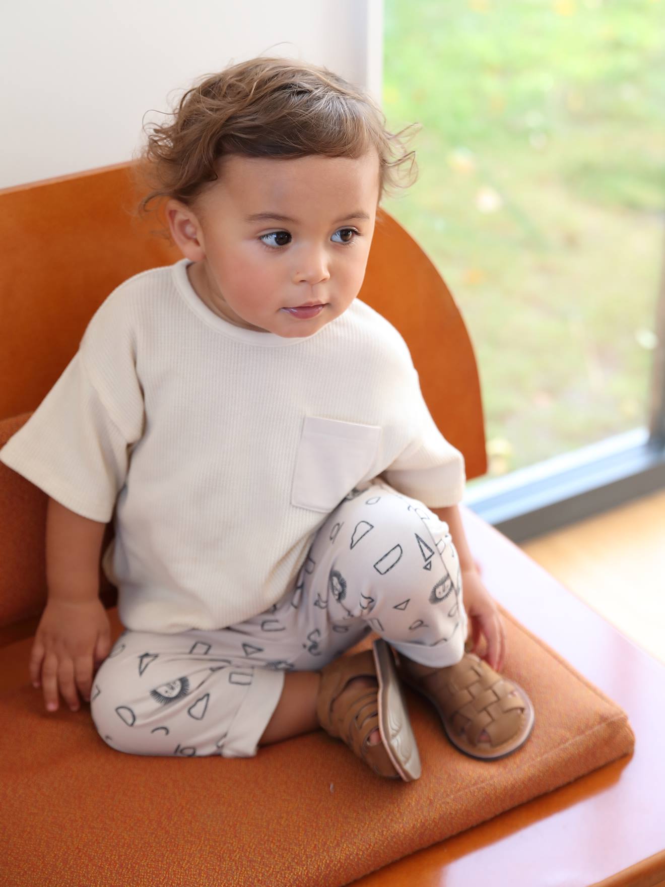 Ensemble T-shirt en nid d'abeille et pantalon en molleton bébé écru