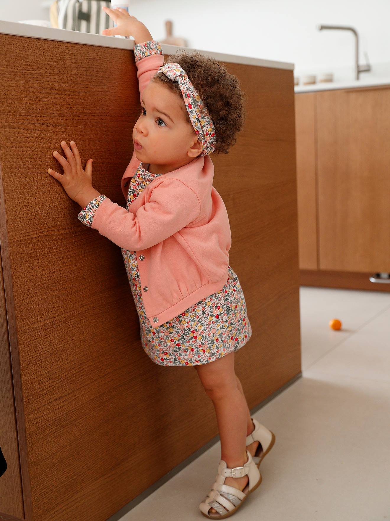 Ensemble 3 pièces : robe + cardigan + bandeau bébé fille corail
