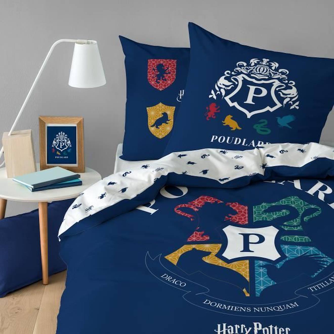 Housse De Couette Et Taie D'oreiller Enfant 100% Coton Harry Potter Blason 140x200 Bleu