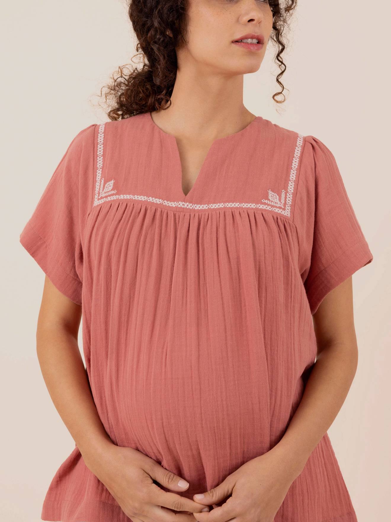 Blouse de grossesse Farah ENVIE DE FRAISE en gaze de coton bois de rose