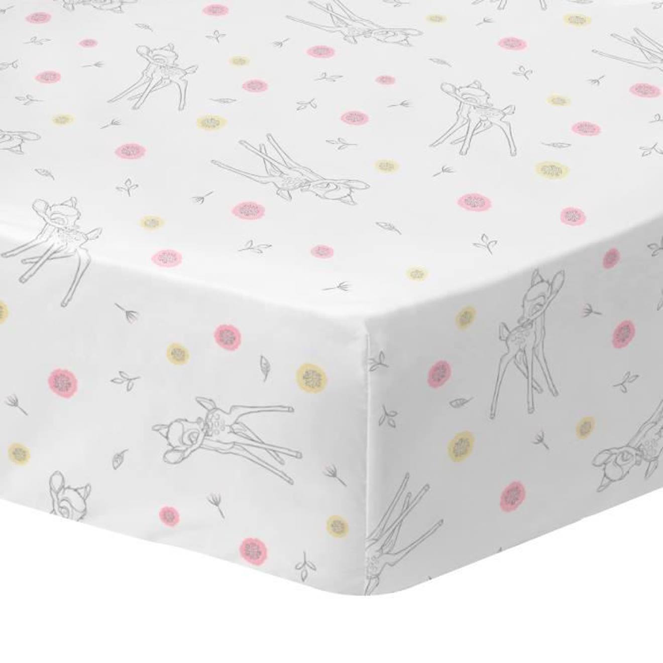 Drap-housse Imprimé 100% Coton, Disney Home Bambi Flowers 90x190 Cm Blanc