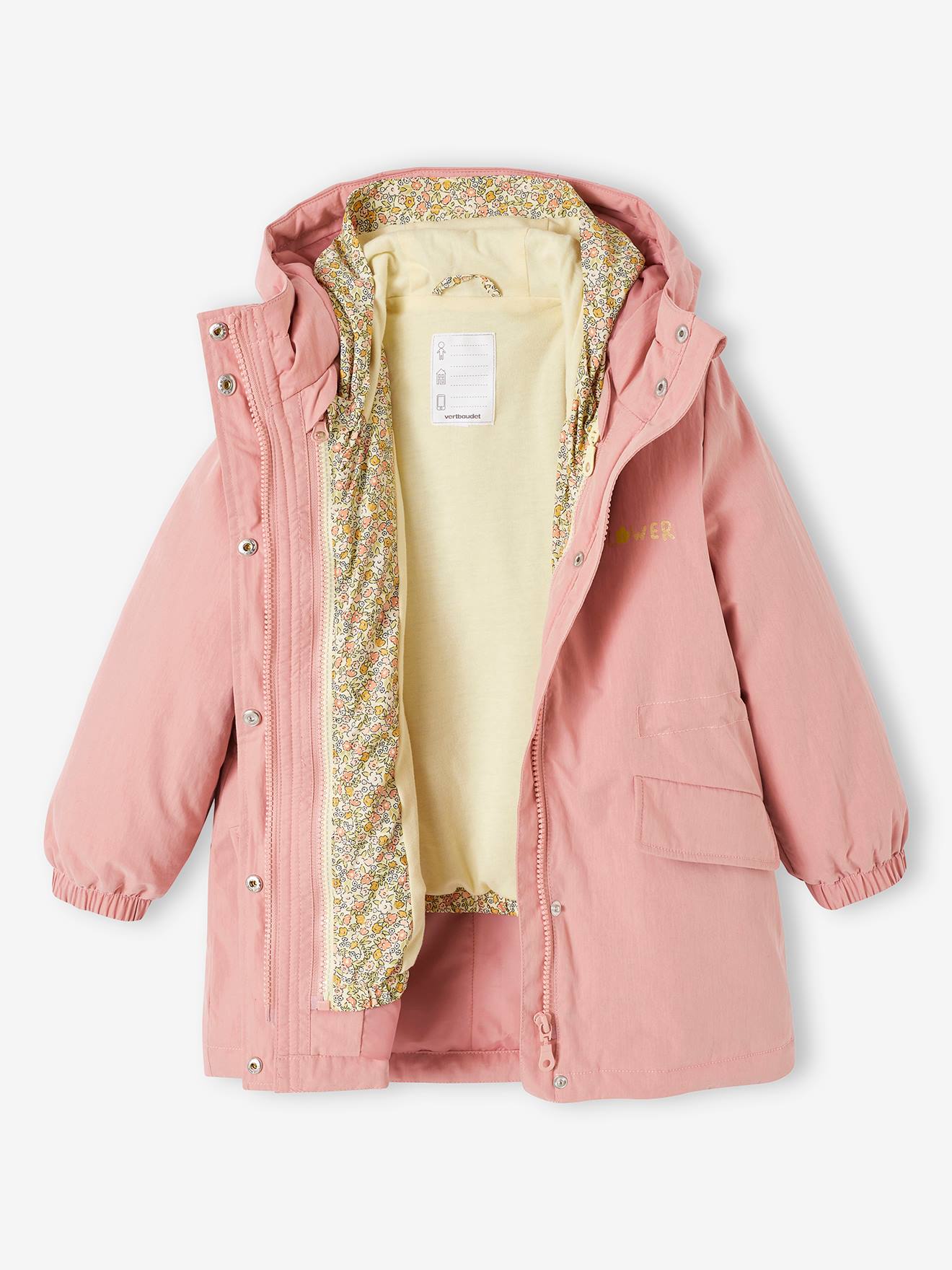 Parka à capuche 3 en 1 mi-saison fille avec coupe-vent amovible rose