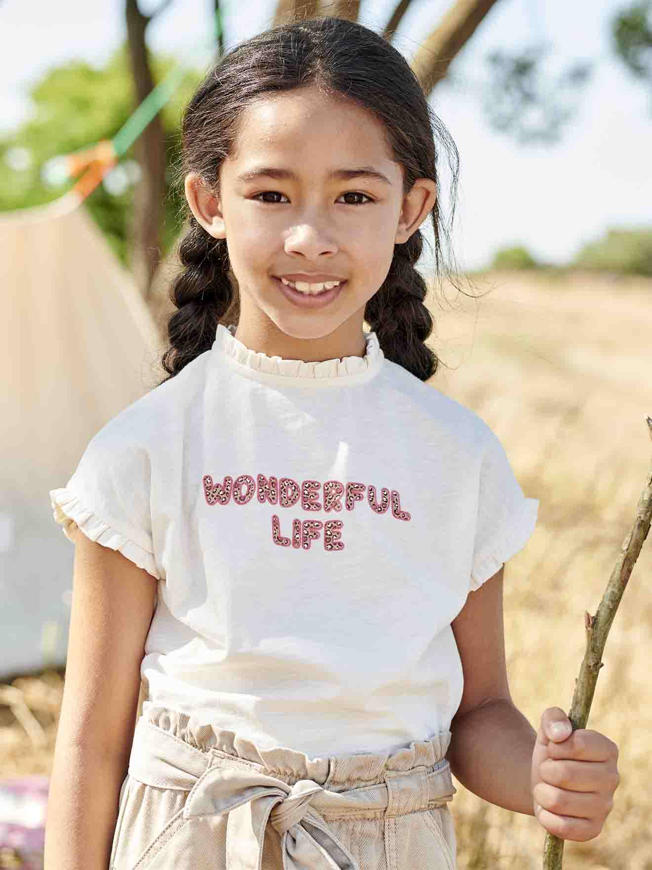 Tee-shirt message léopard fantaisie fille manches courtes à volants vanille