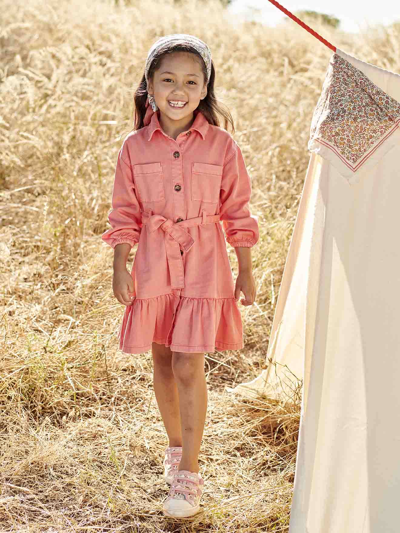 Robe chemise à volants fille corail