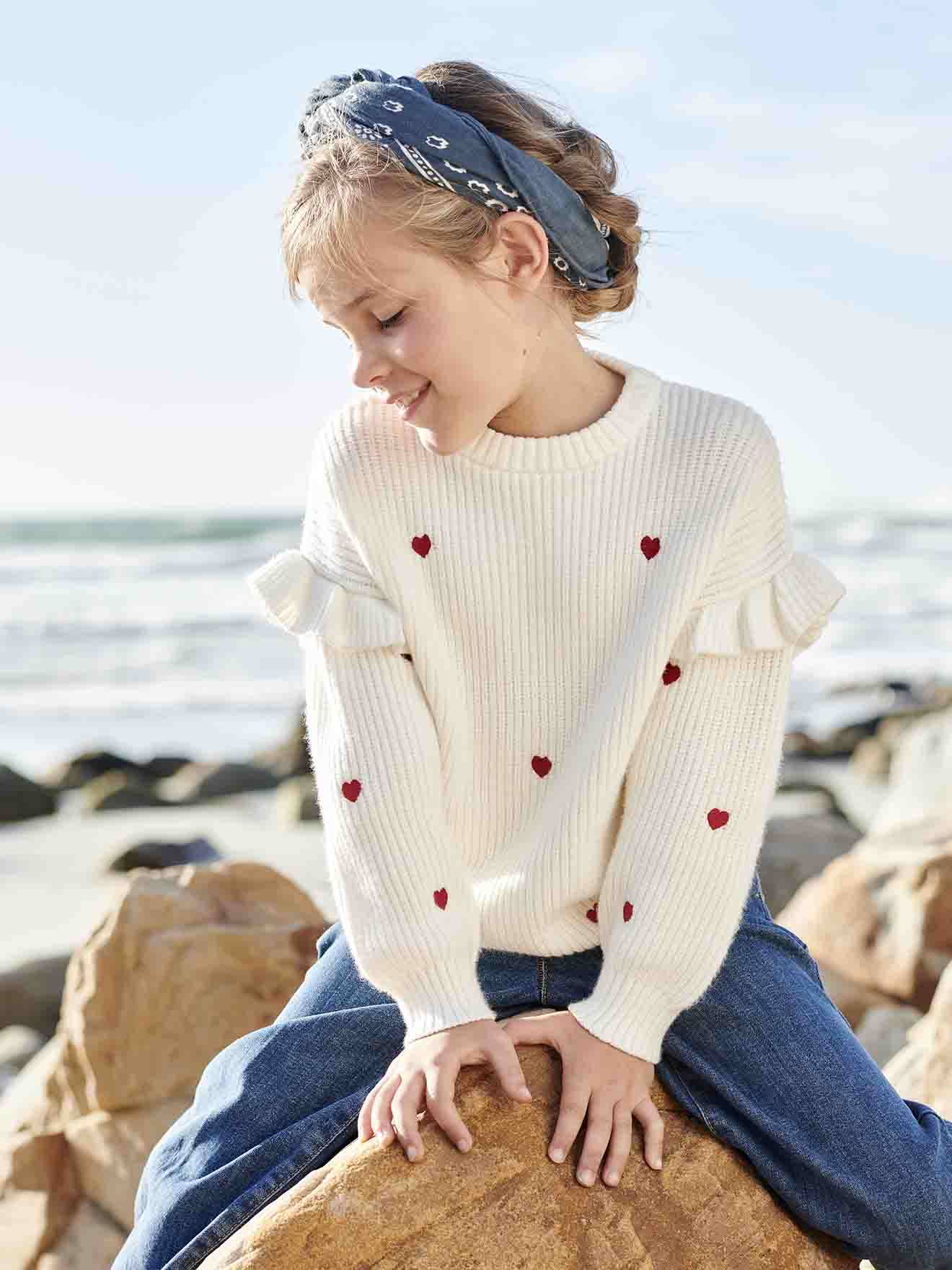 Pull manches volantées fille écru