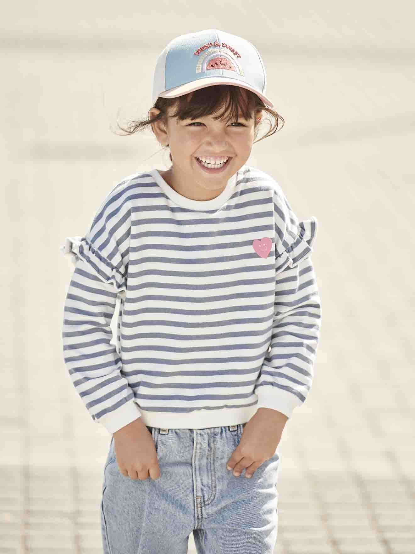 Sweat marinière fille manches à vollants bleu jean