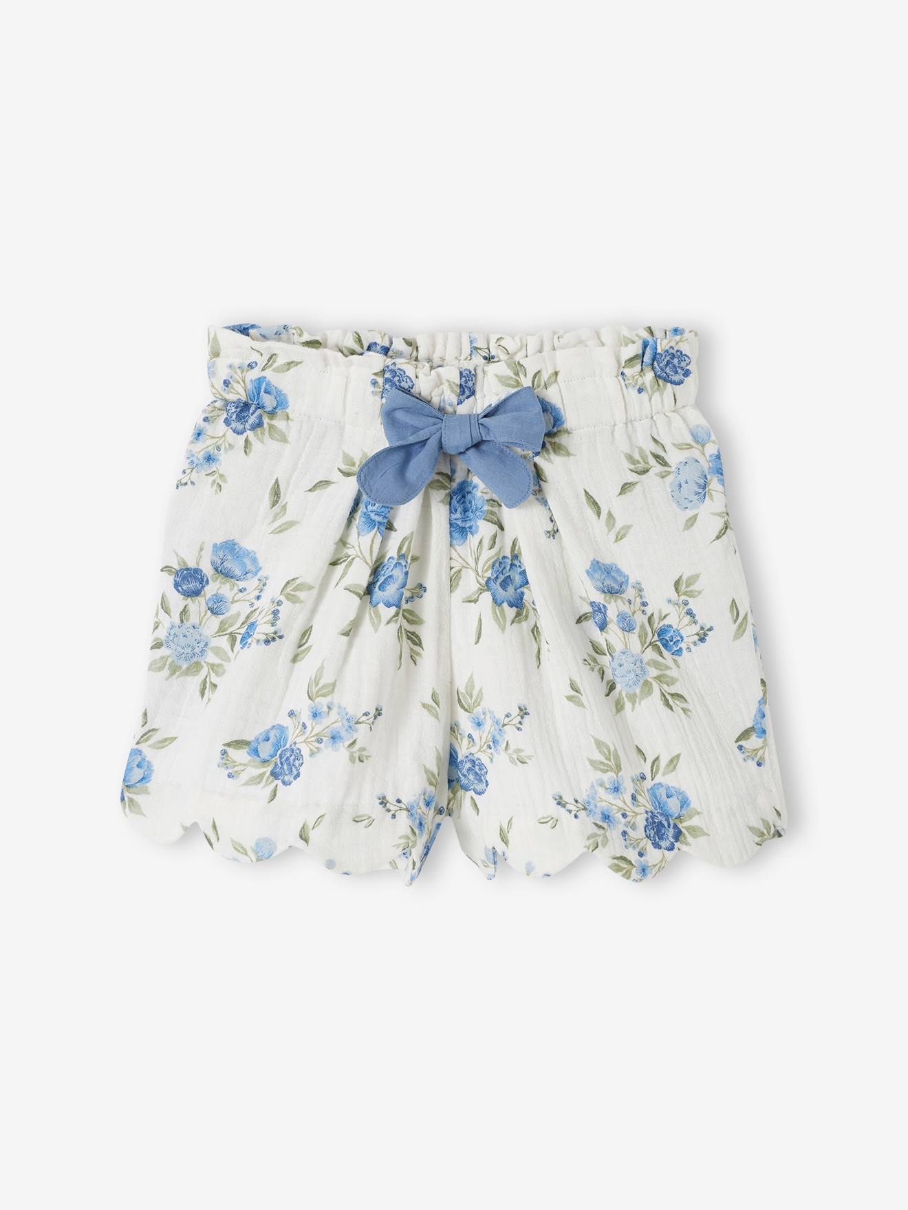 Short cérémonie en gaze de coton finitions écailles fille bleu imprimé