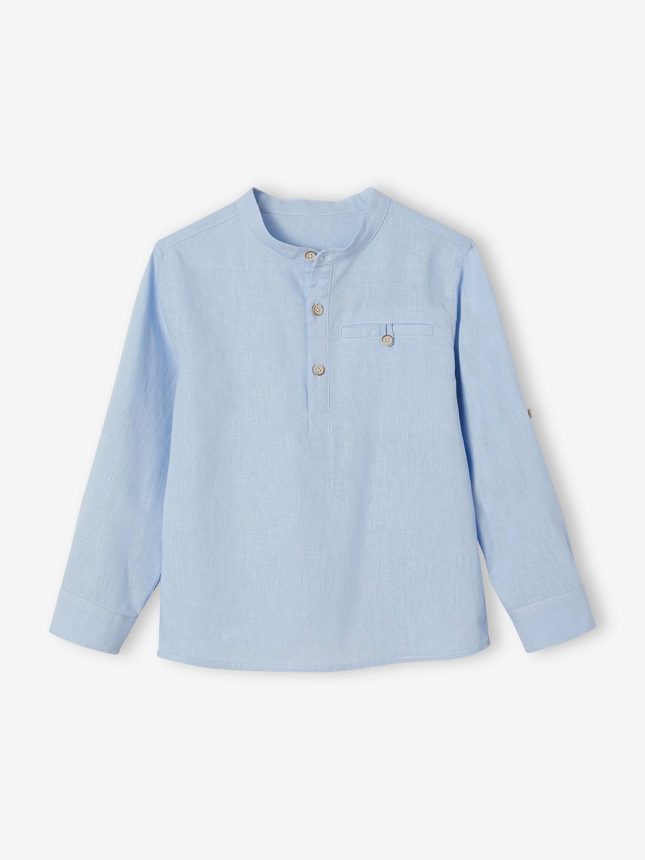 chemise col mao en coton/lin garçon manches retroussables bleu ciel