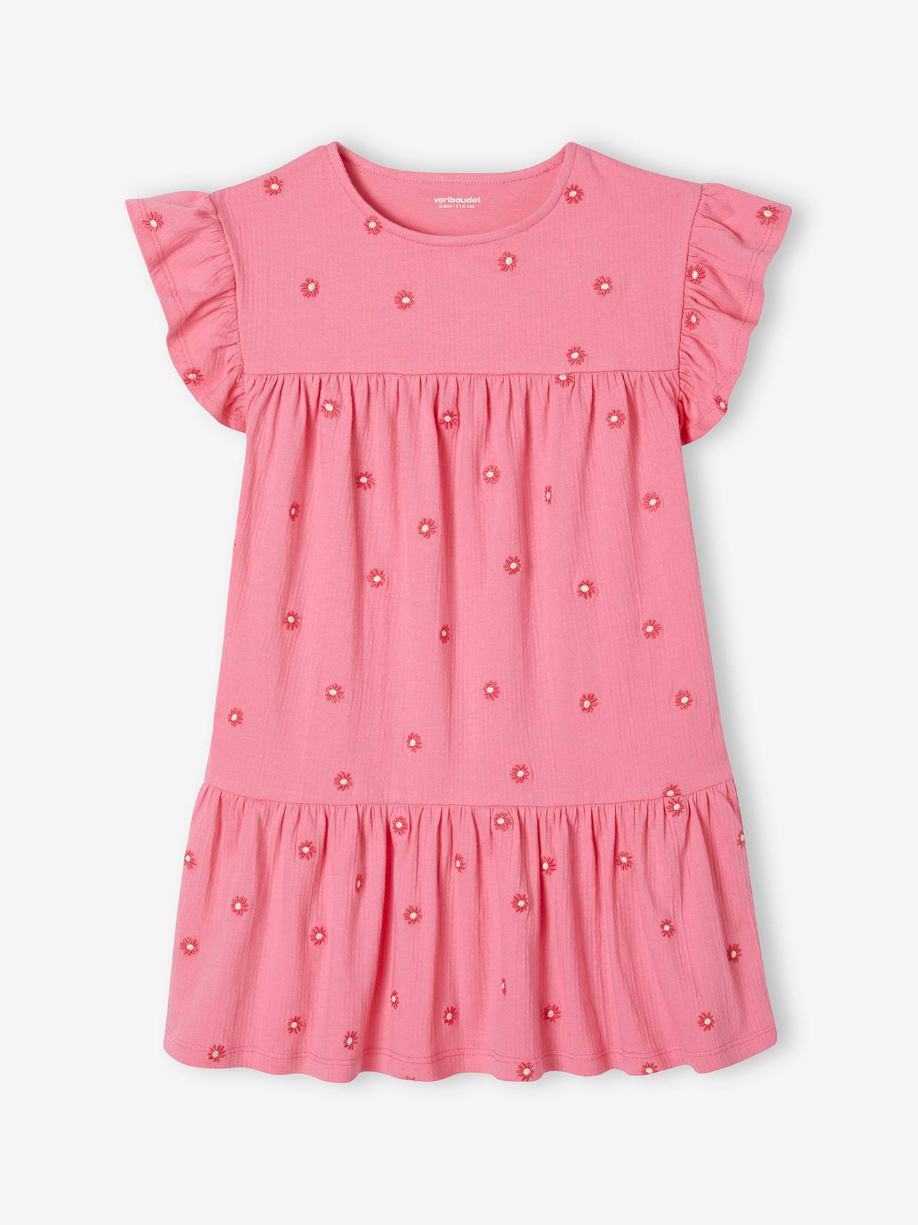 Robe brodée fleurs fille en maille froissée rose bonbon