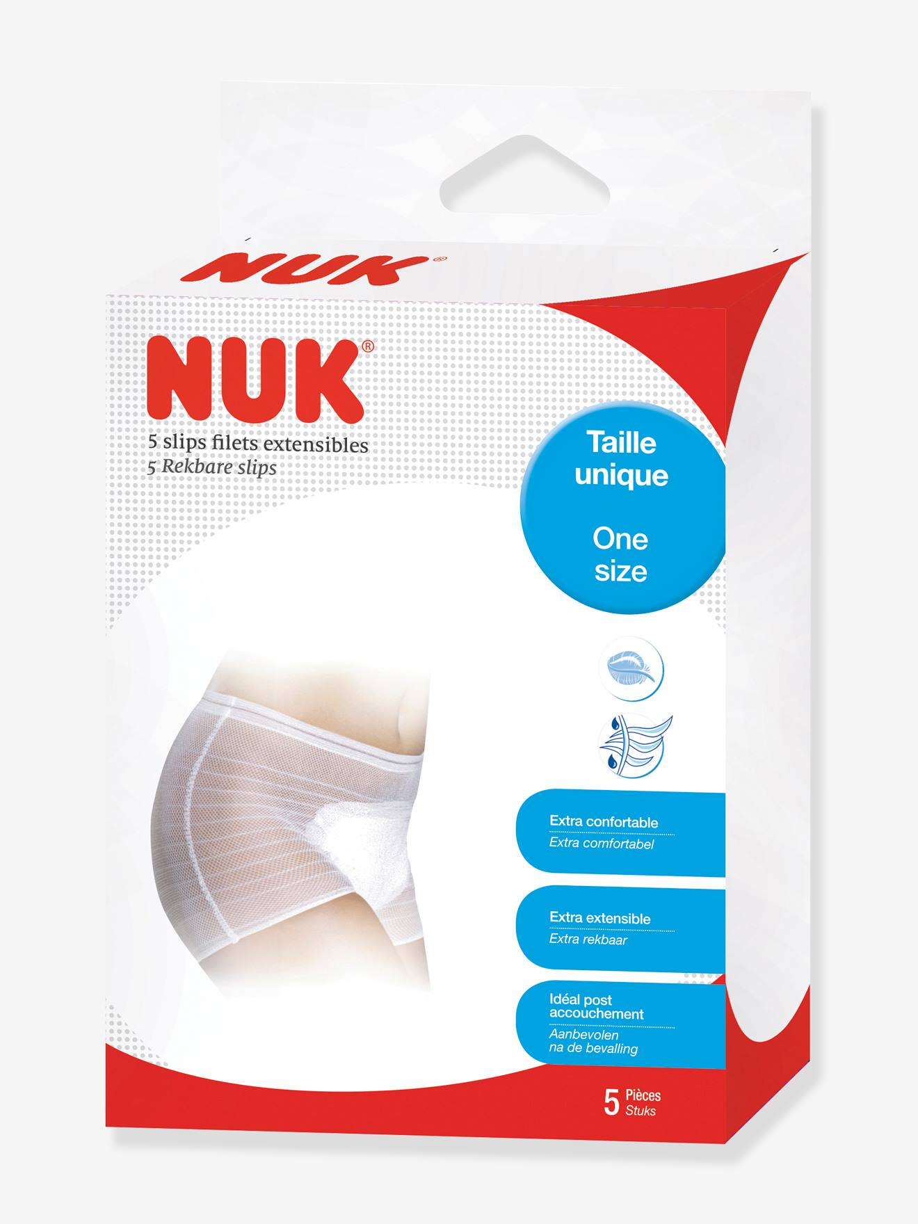 Lot de 5 slips extensibles lavables NUK en maille filet blanc