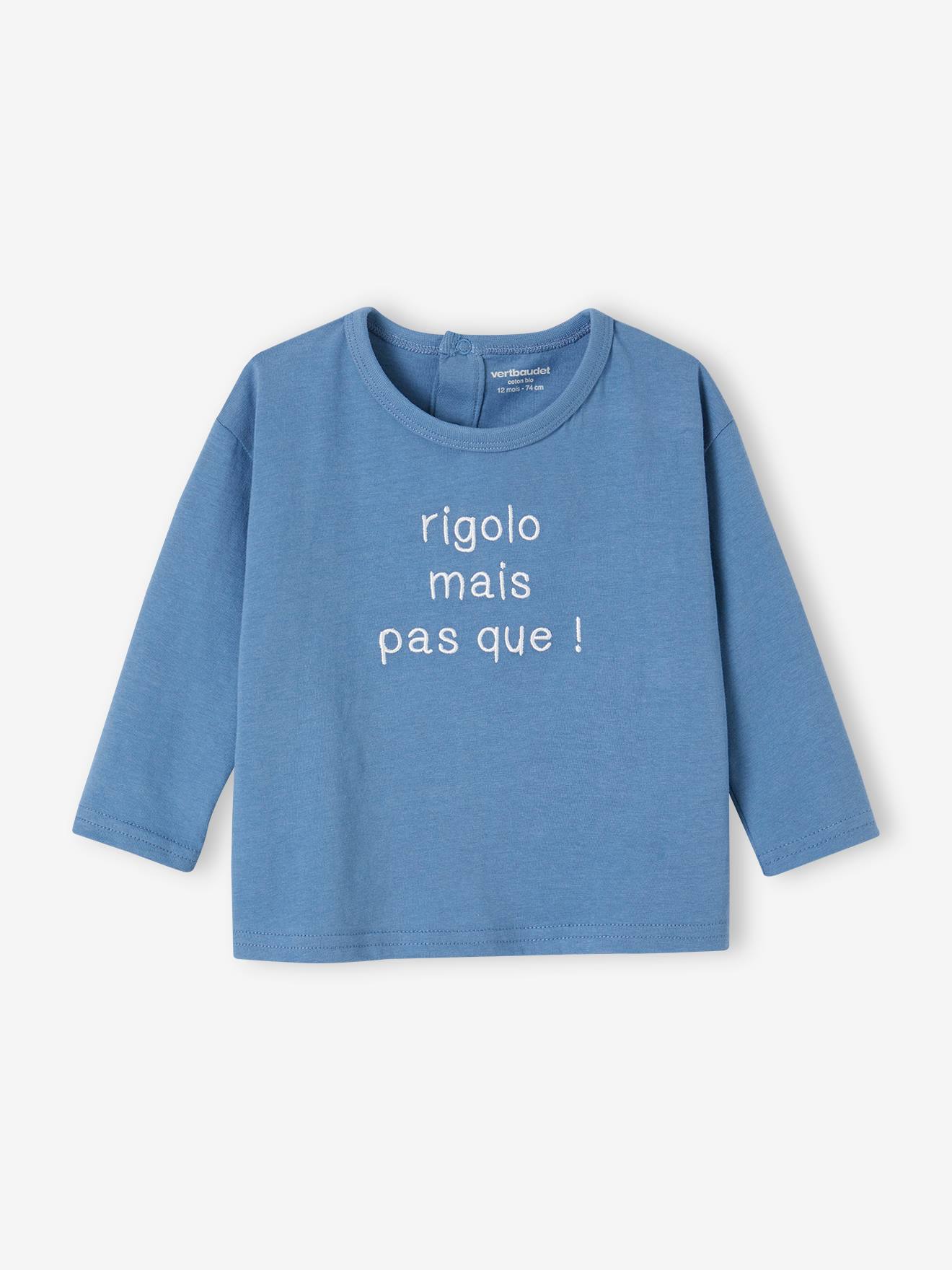 T-shirt message brodé personnalisable bébé en coton biologique bleu