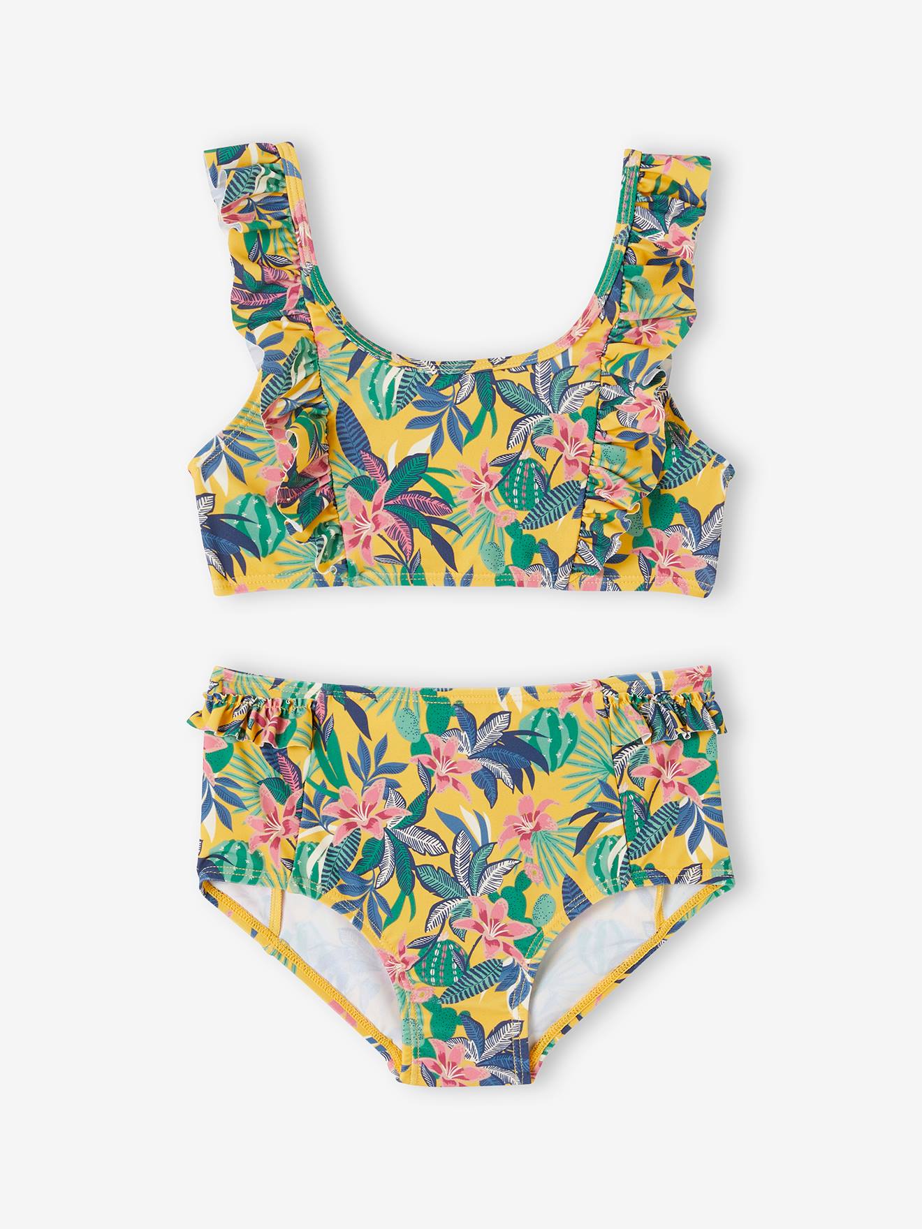 Maillot de bain 2 pièces imprimé exotique moutarde