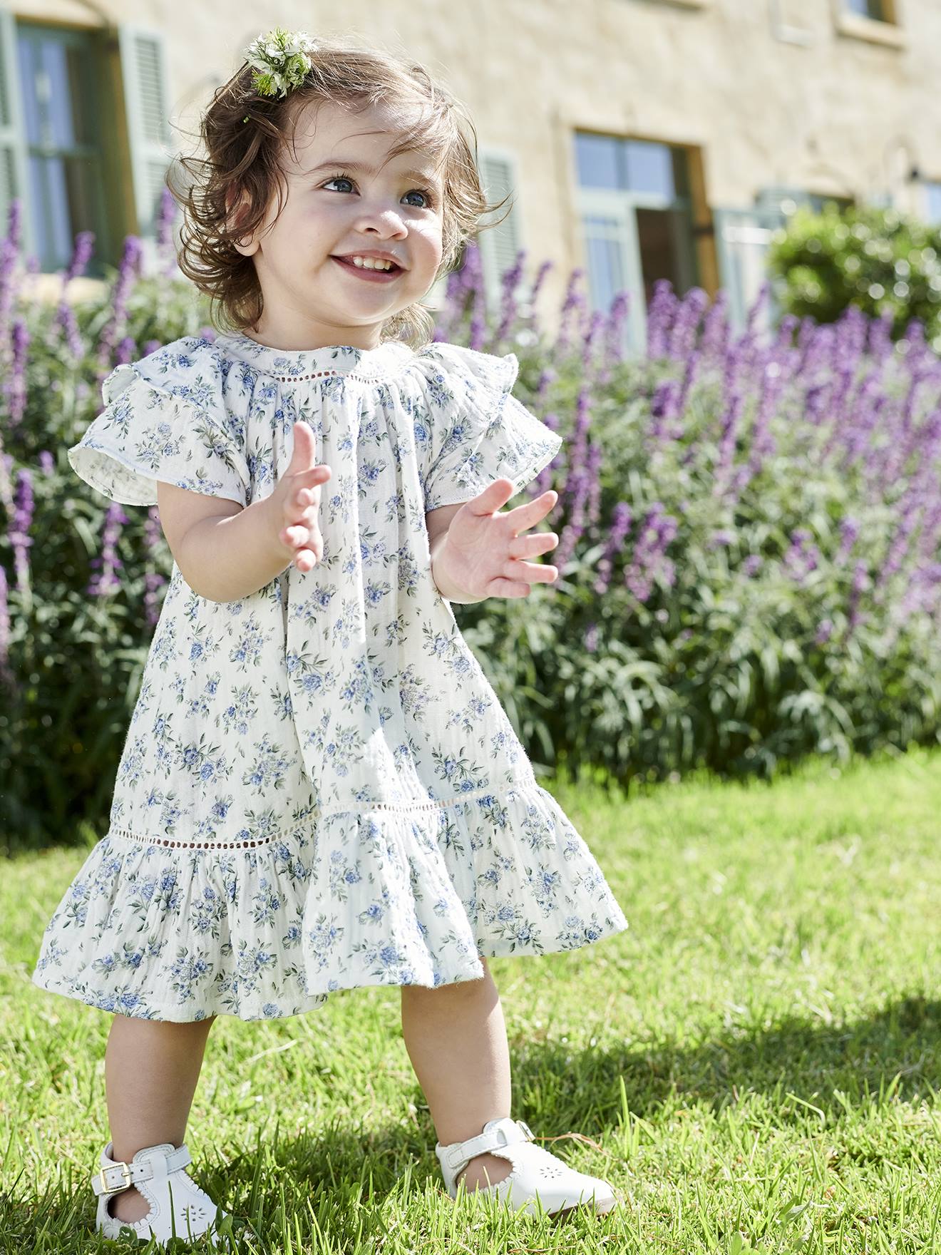 Robe fleurie de cérémonie bébé en gaze de coton écru