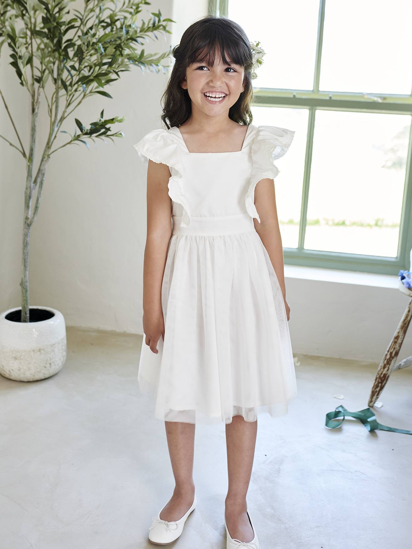 Robe cérémonie fille satin de coton à volants écru