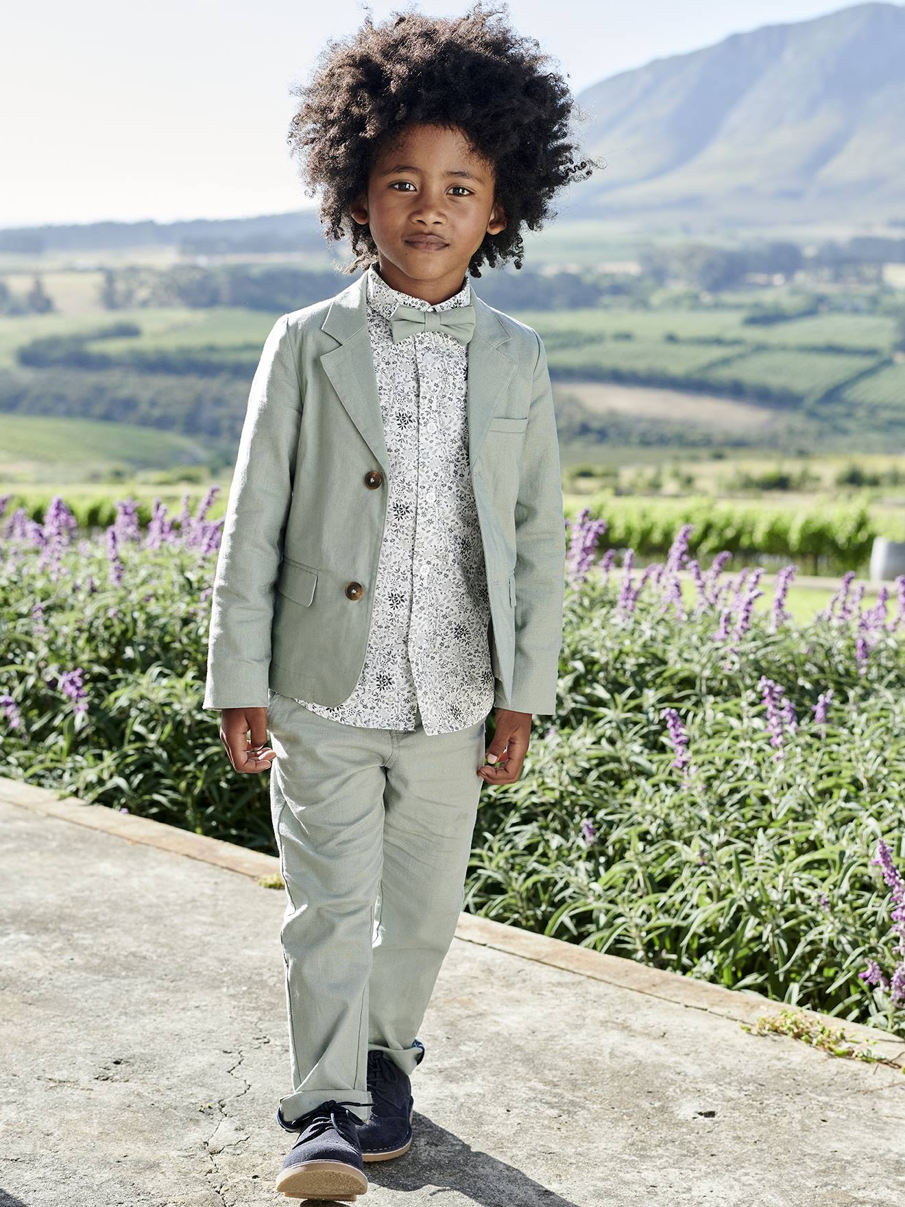 Pantalon chino garçon en coton/lin vert sauge