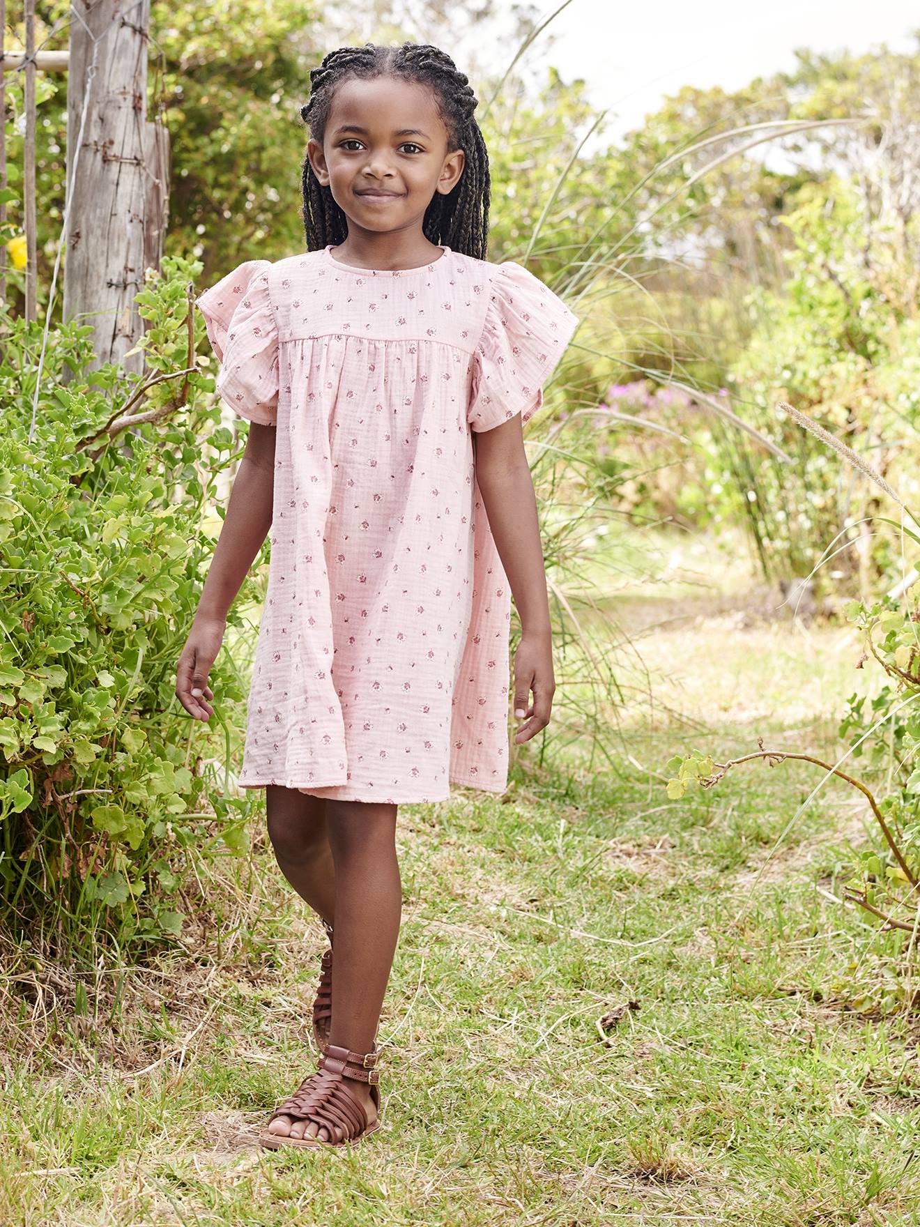 Robe imprimée fleurs en gaze de coton fille rose