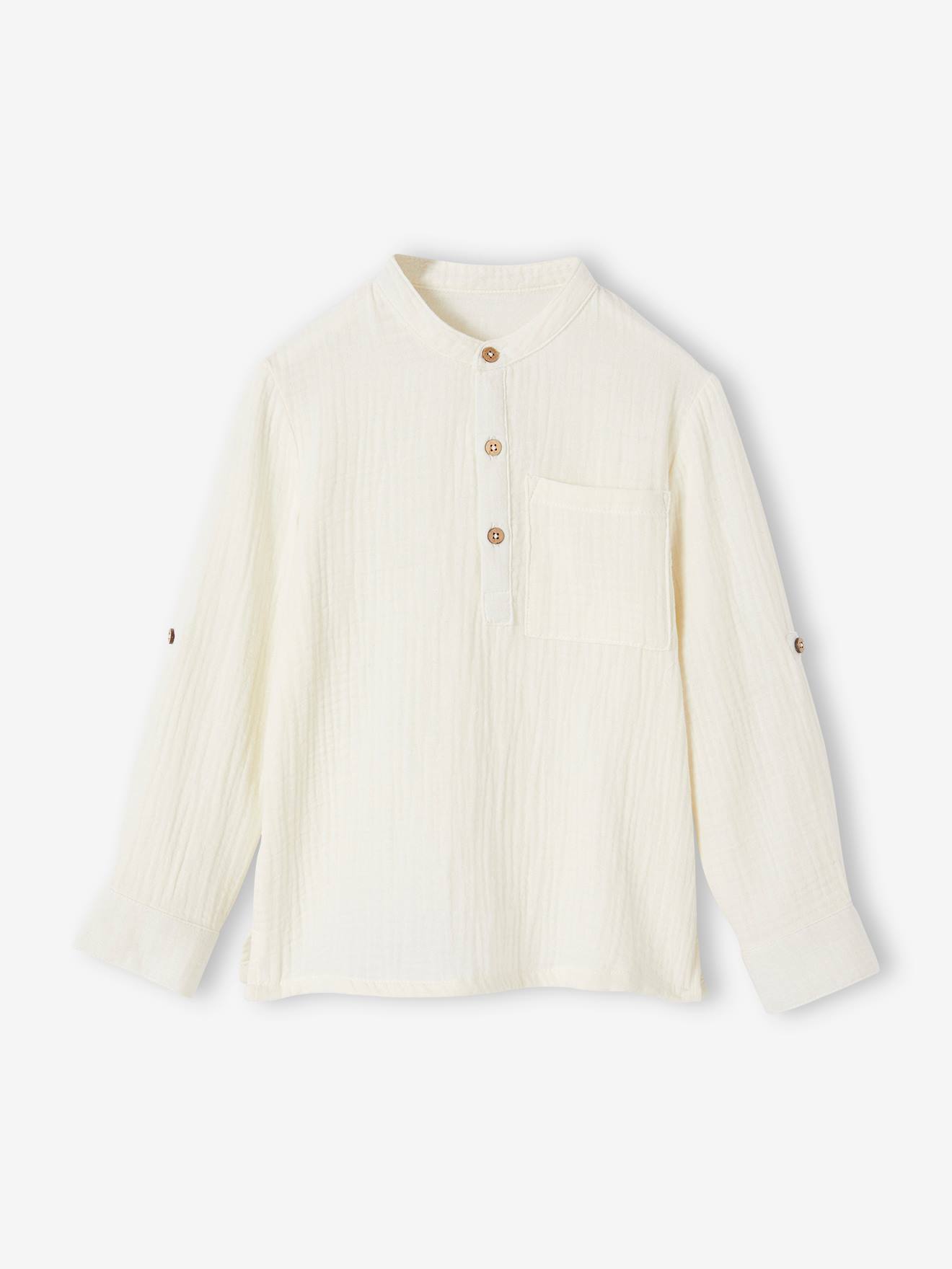 Chemise en gaze de coton personnalisable garçon manches retroussables écru