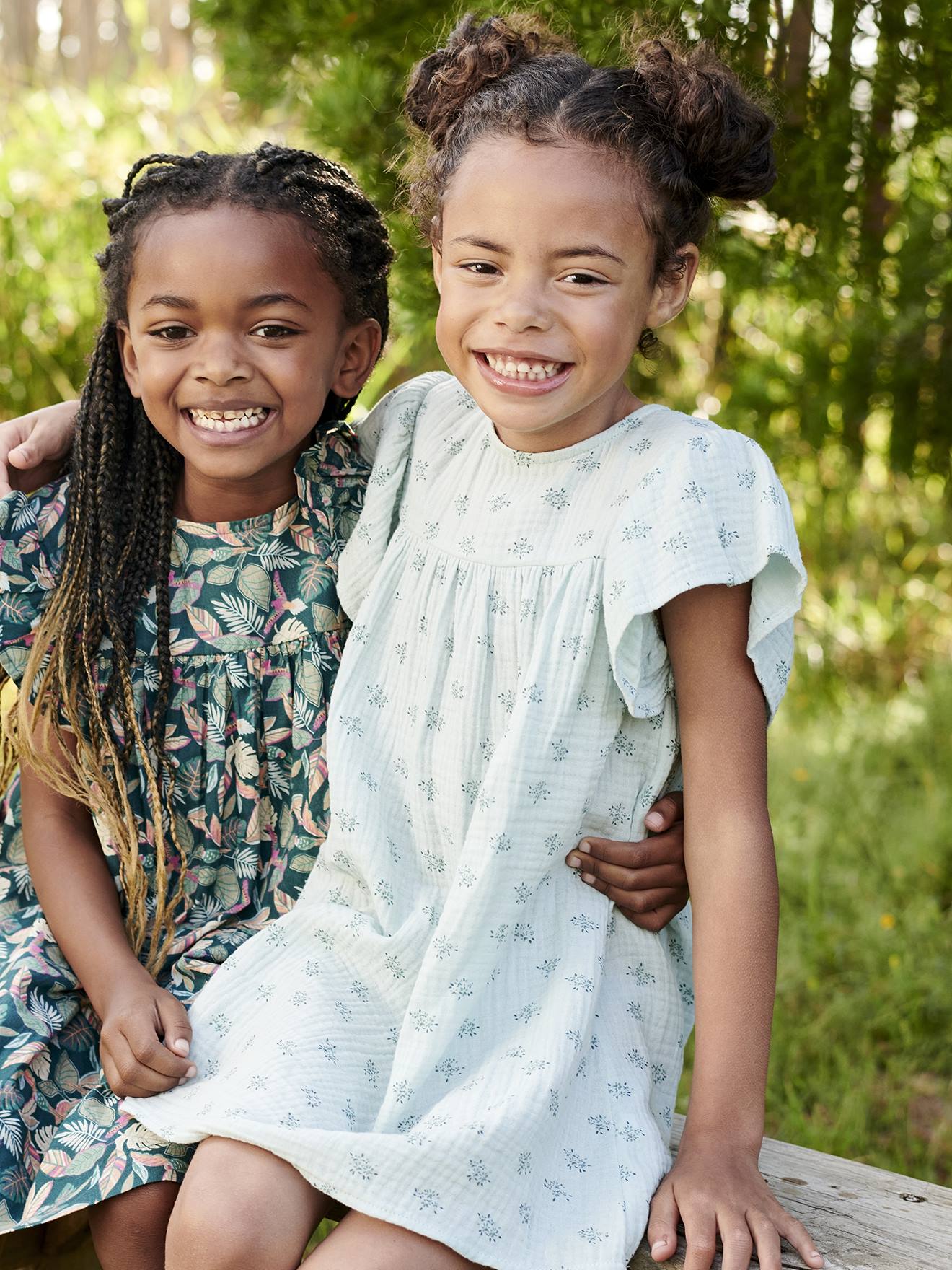 Robe imprimée fleurs en gaze de coton fille bleu grisé