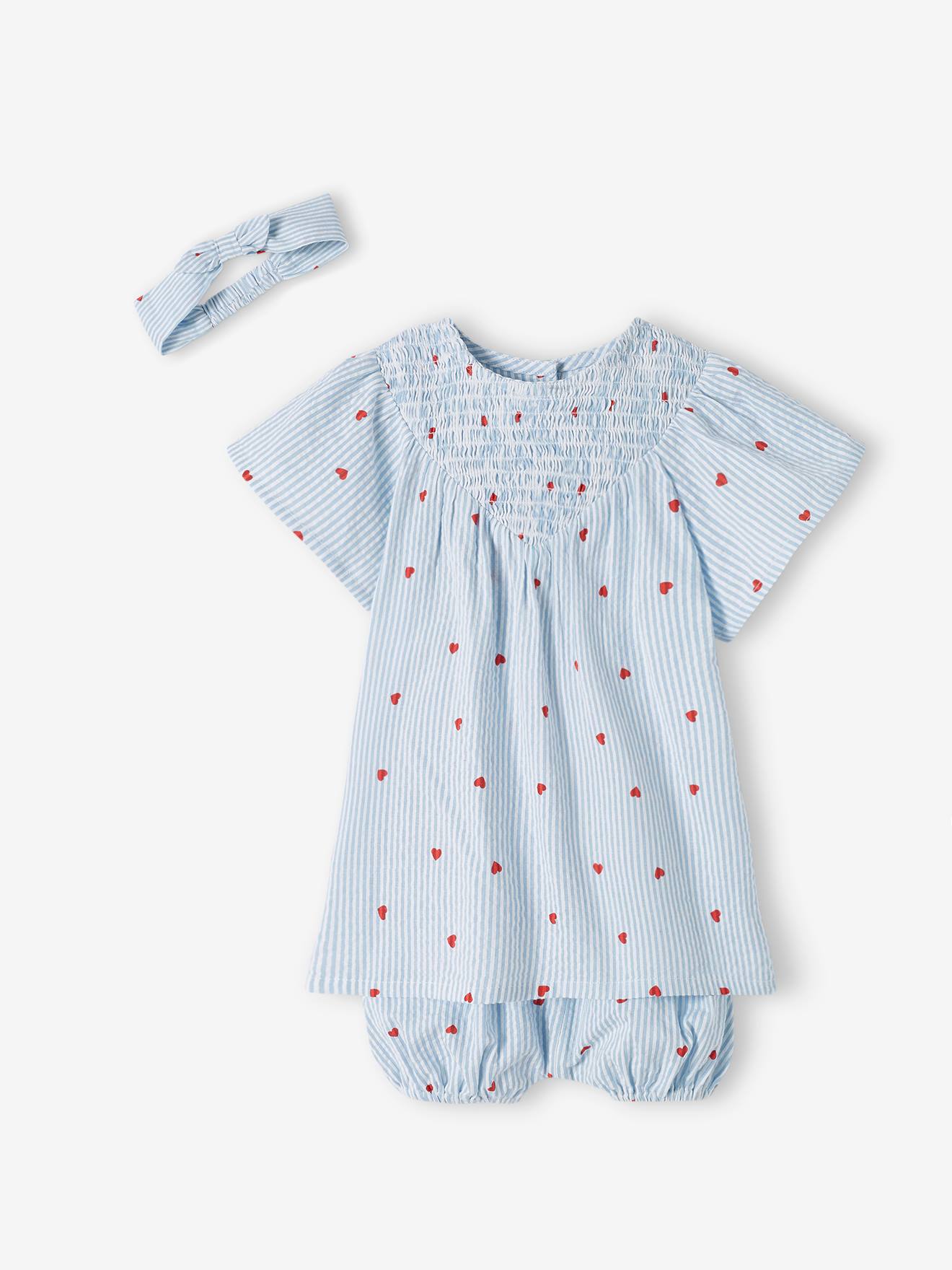 Ensemble en seersucker robe + short + bandeau bébé rayé bleu (Vertbaudet) - Image 3