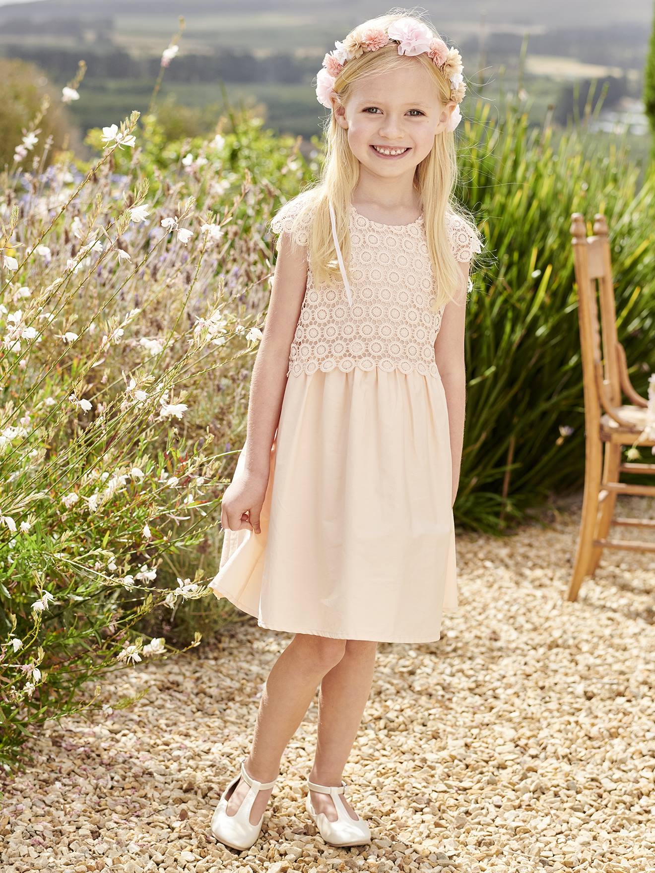 Vertbaudet - Robe de cérémonie effet 2 en 1 superposition en macramé fille rose nude