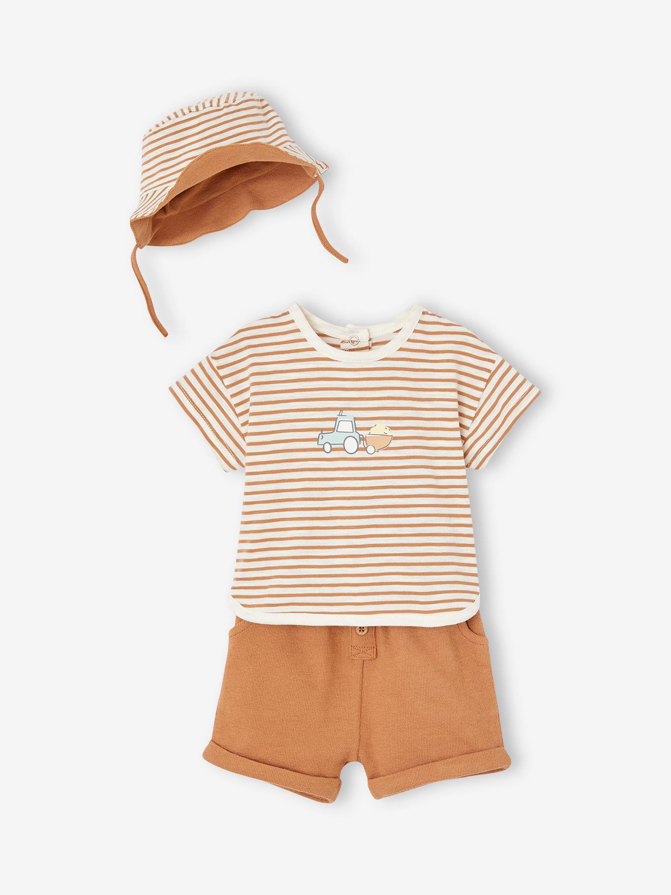 Ensemble 3 pièces naissance : tee-shirt, short et chapeau assorti cappuccino