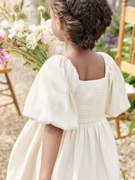 Robe cérémonie smocks dos fille en tissu reliéfé rose pâle+vanille+vert sauge 9 - vertbaudet enfant 