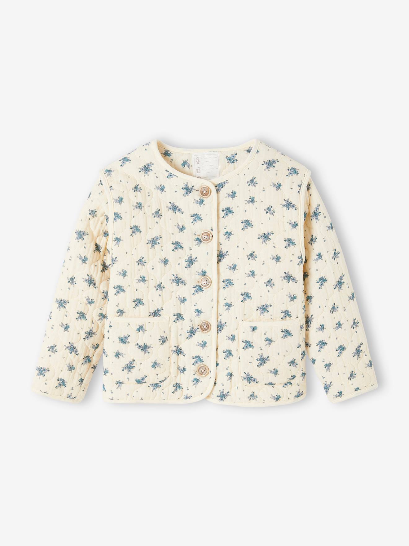 Veste à fleurs en gaze de coton matelassée fille écru