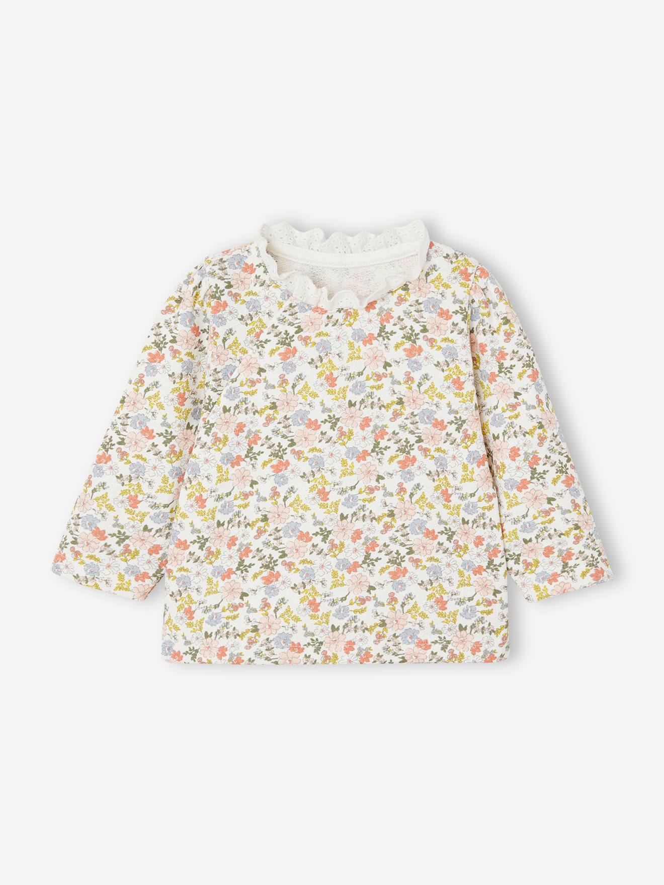 Vertbaudet - Sweat fleuri naissance col en dentelle écru