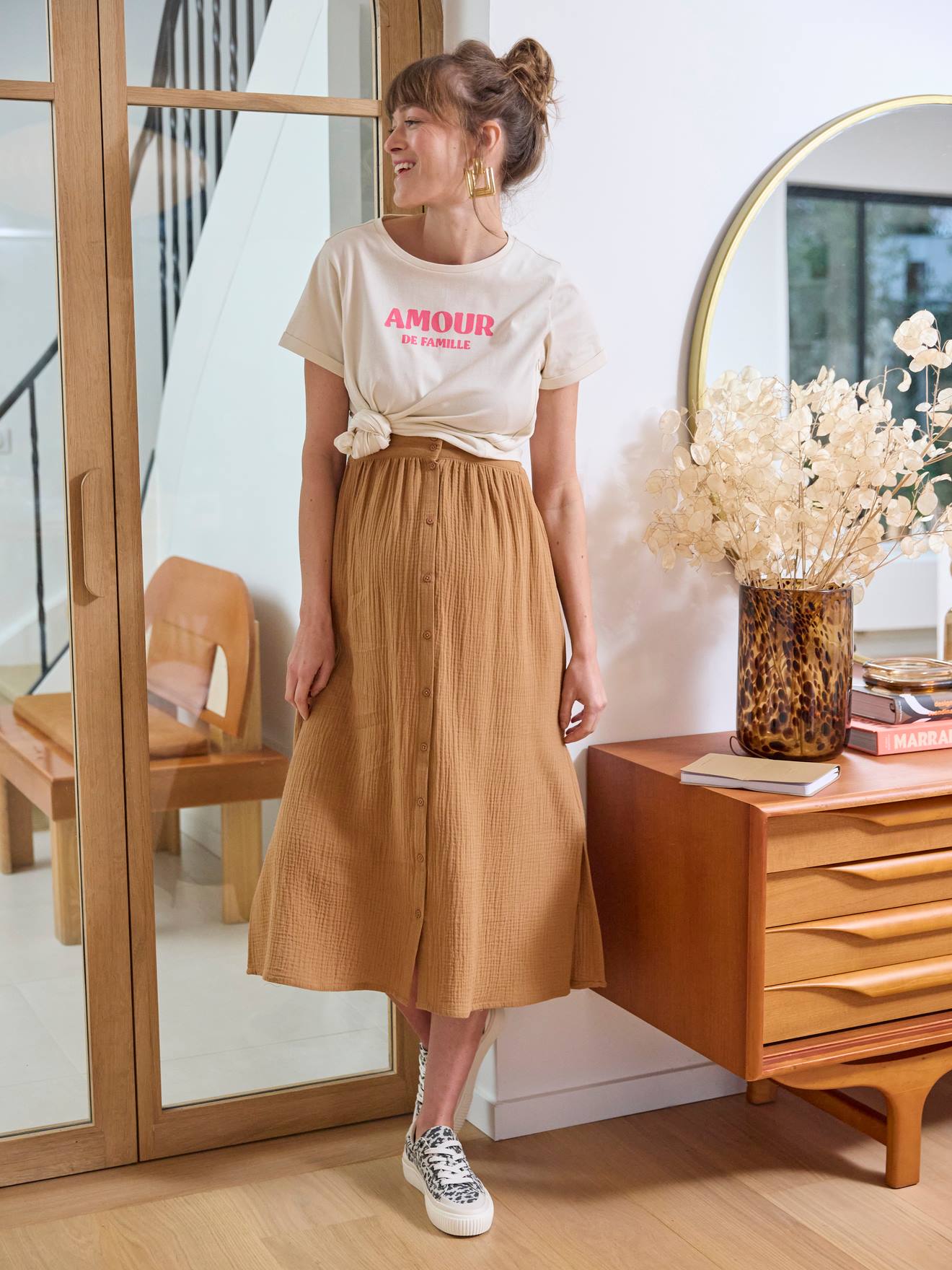 Jupe longue de grossesse en gaze de coton noix de pécan