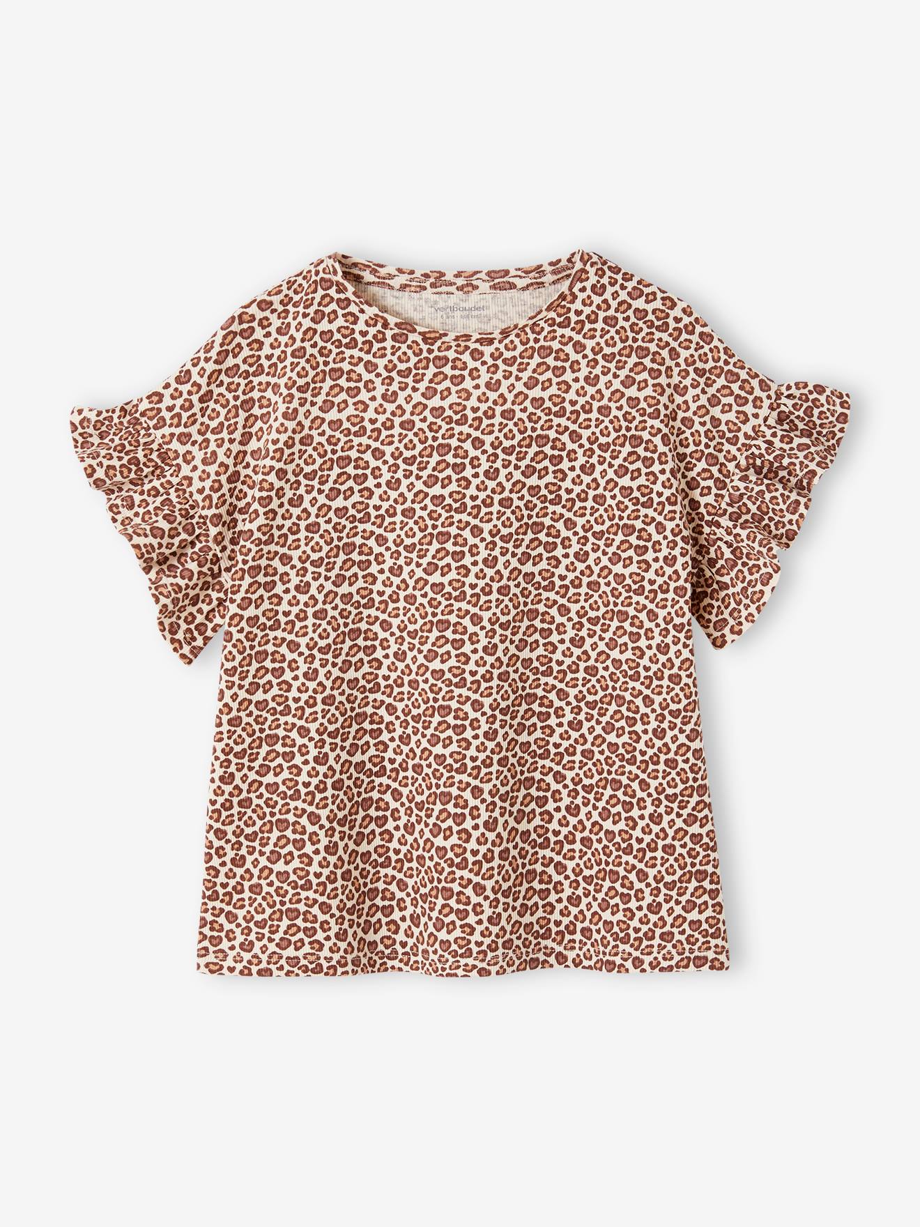 Vertbaudet - Tee-shirt en côtes imprimé fleurs fille beige