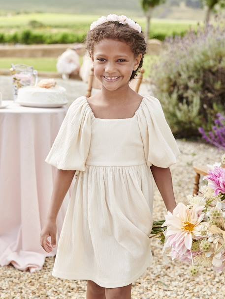 Robe cérémonie smocks dos fille en tissu reliéfé rose pâle+vanille+vert sauge 8 - vertbaudet enfant 