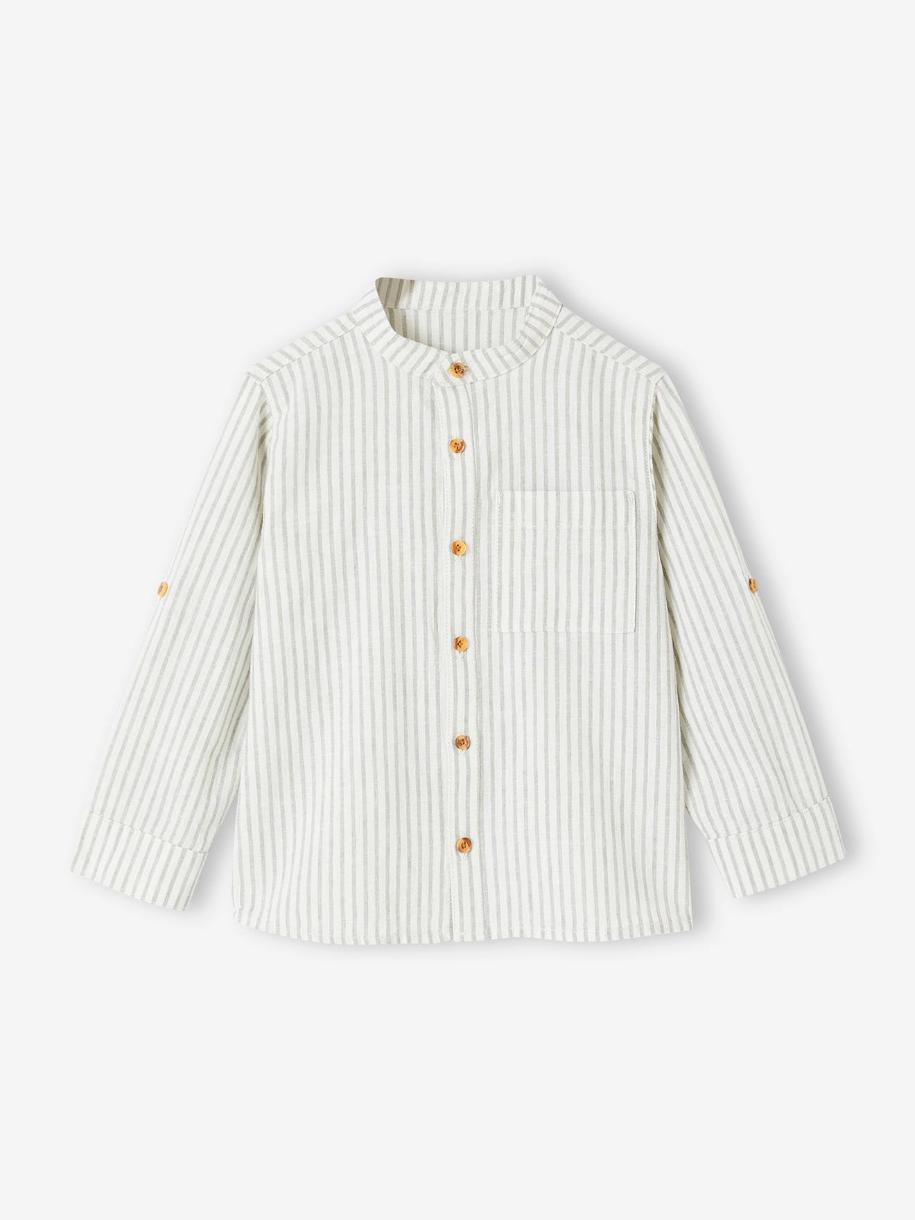 Chemise col Mao rayée en coton/lin garçon manches retroussables rayé vert