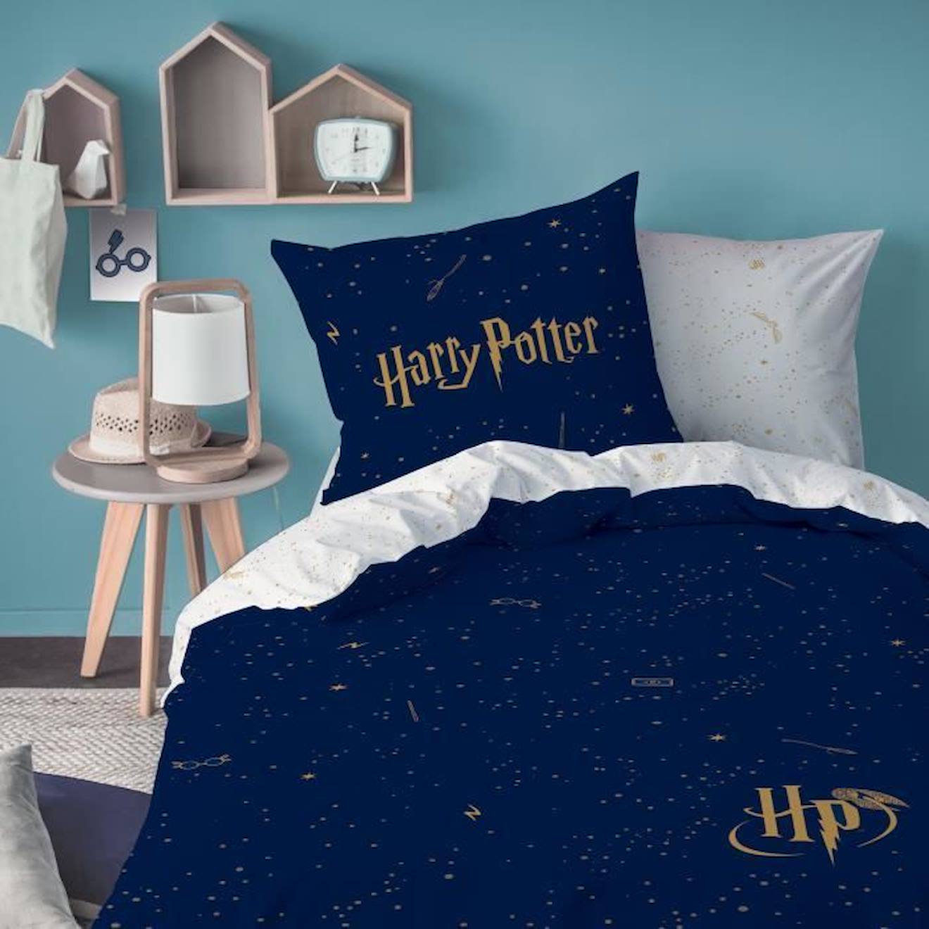 Housse De Couette Et Taie D'oreiller 100% Coton Harry Potter - Iconic. Taille : 140x200 Cm Bleu