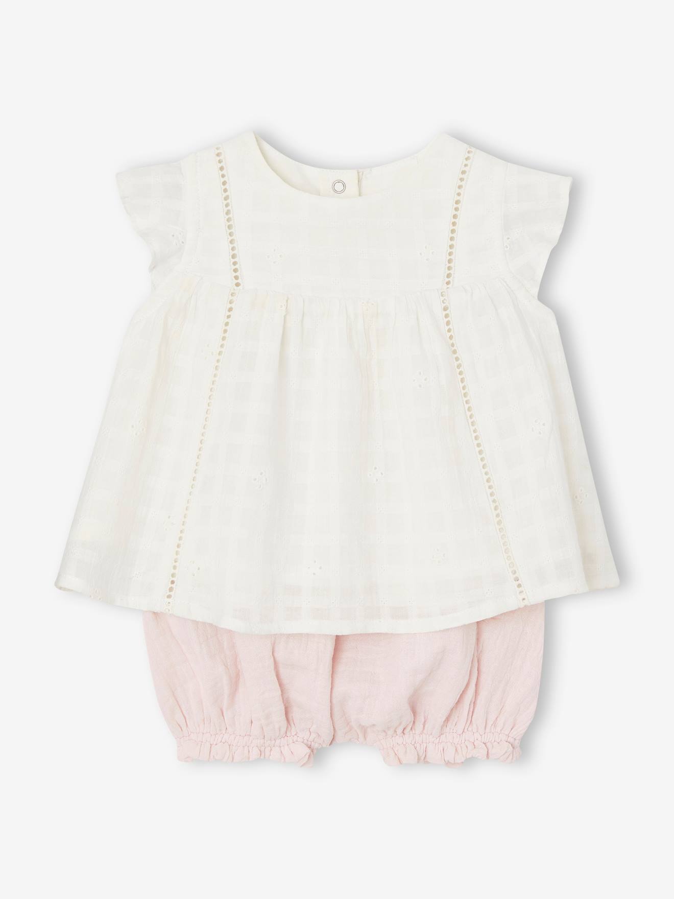Ensemble robe brodée et bloomer en gaze de coton naissance rose