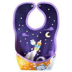 Puériculture-Bavoir Malin® "Robin le lapin va sur la lune" - Pour les Bébés de 6 mois et plus. Coton Enduit PVC Imperméable avec Poche Amovible.