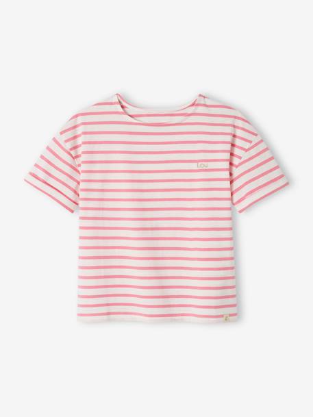 Tee-shirt marinière personnalisable fille manches courtes denim brut+rayé rose 8 - vertbaudet enfant 