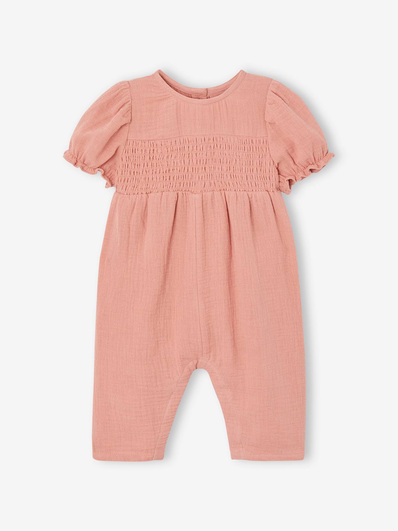 Combinaison en gaze de coton bébé jambes larges bois de rose
