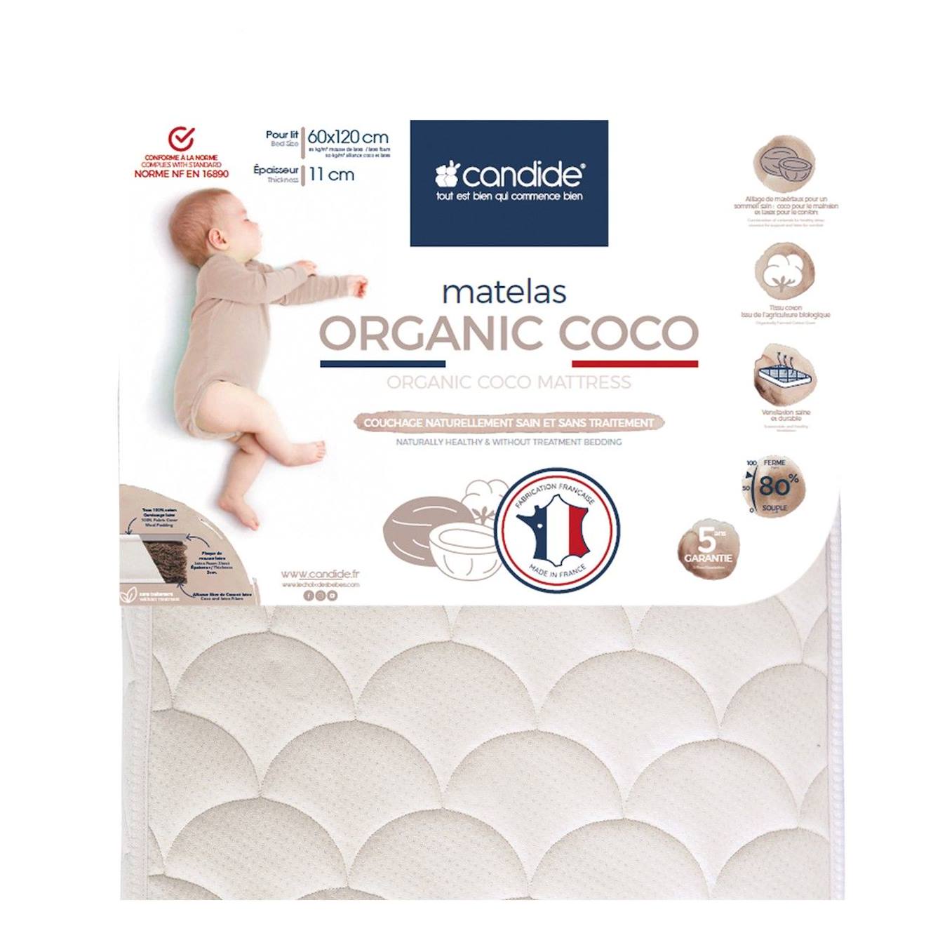 Matelas Bébé 60x120x11cm Organic Coco - Sans Traitement - Ferme - Tissu Coton Bio - Fabriqué En Fran