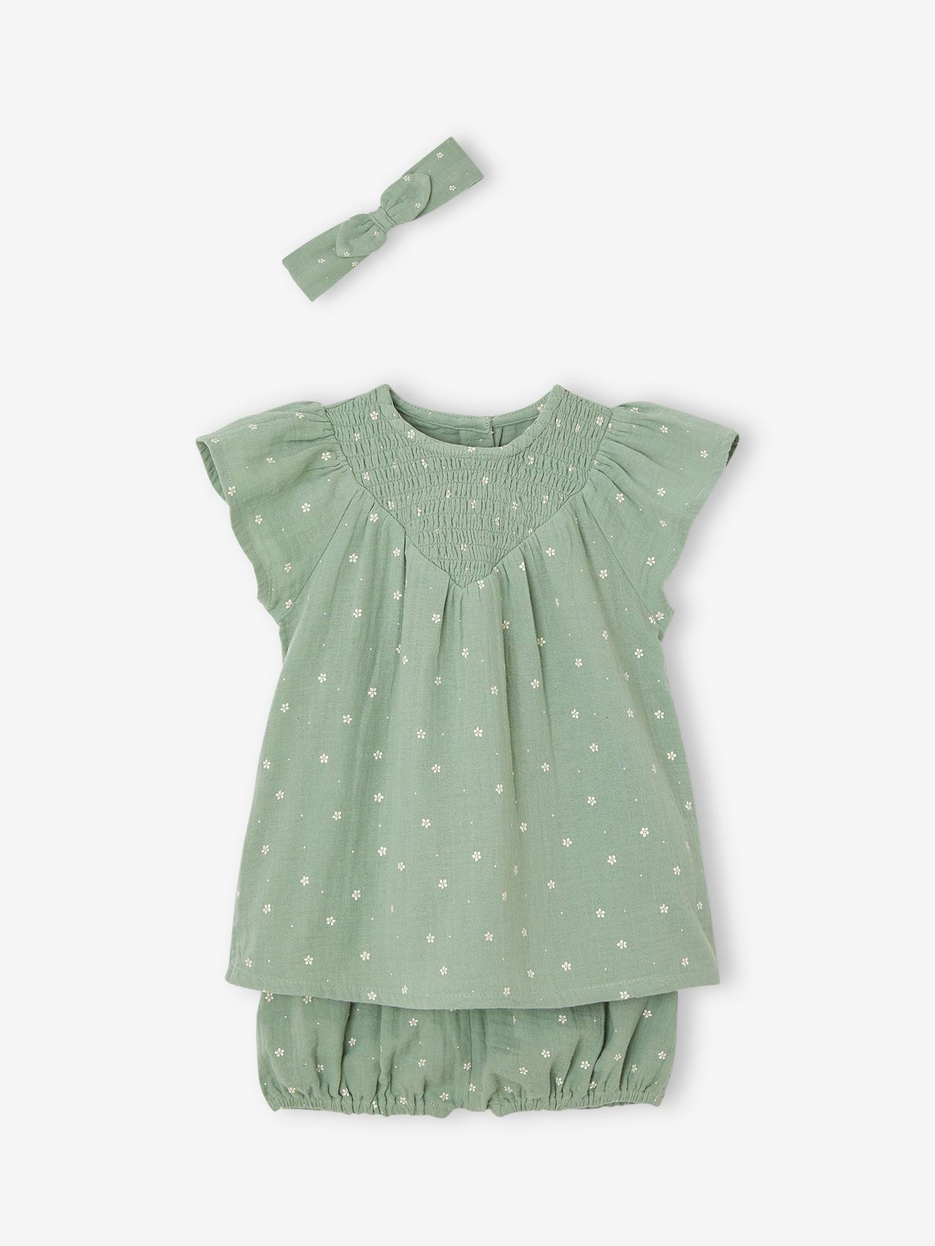 Ensemble en gaze de coton : robe + bloomer + bandeau bébé vert sauge