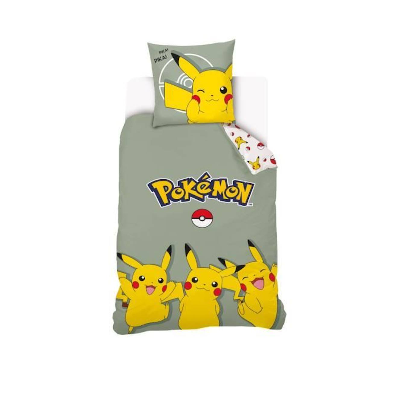Housse De Couette Pikachu Pokémon 140x200 Cm + 1 Taie D'oreiller 63x63 Cm - 100% Coton - Vert Sauge 