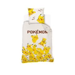 Linge de maison et décoration-Housse De Couette Pikachu Pokémon 140x200 cm + 1 Taie d'oreiller 63x63 cm - 100% Coton - Ecru
