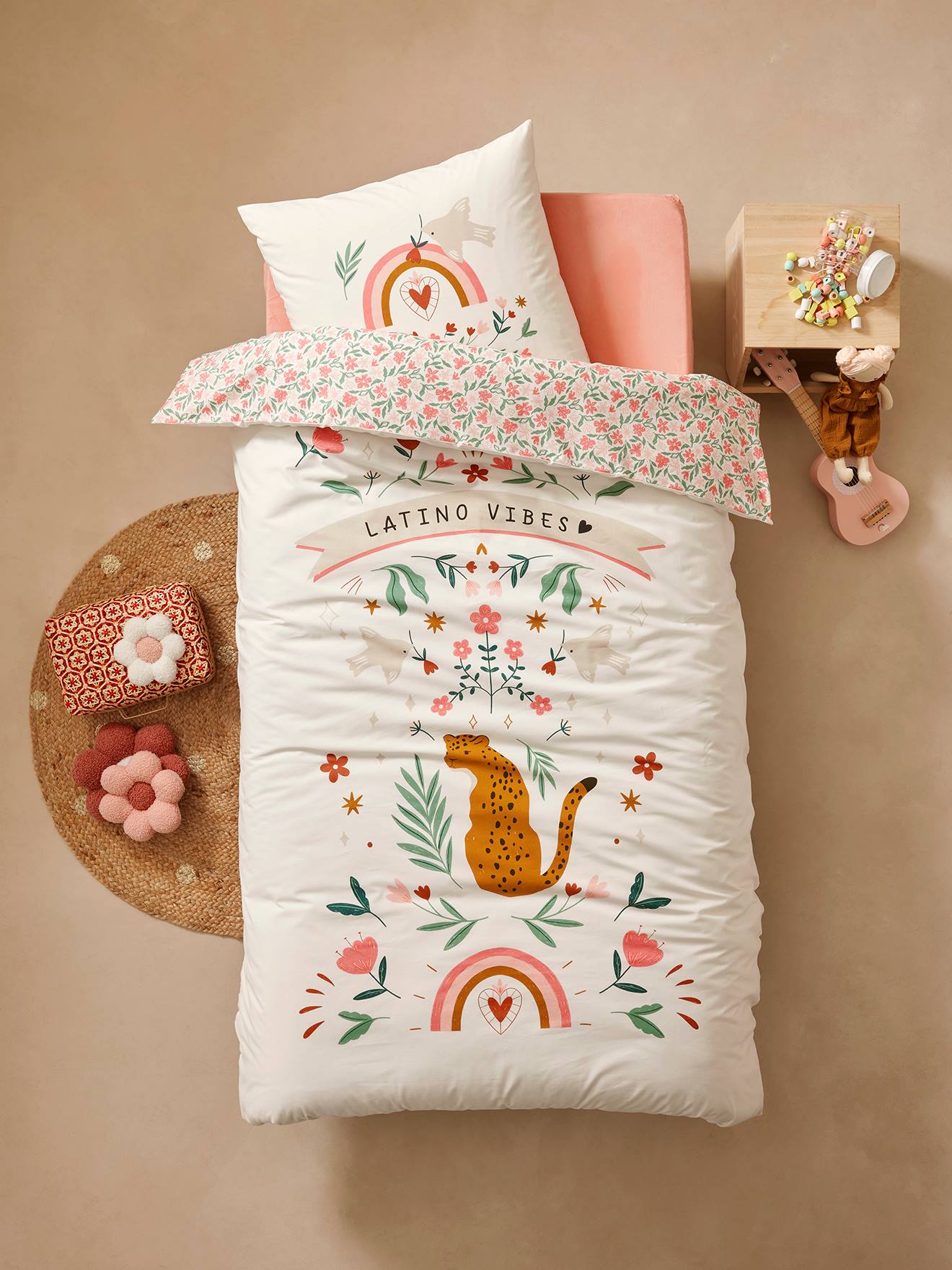 Parure housse de couette + taie d'oreiller LATINO VIBES, avec coton recyclé multicolore