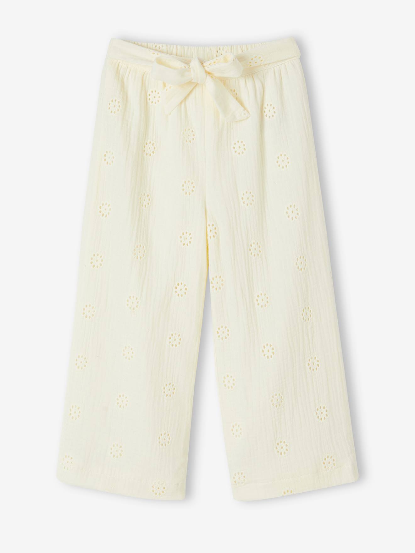 pantalon large brodé fleurs en gaze de coton fille vanille