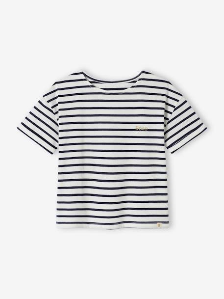 Tee-shirt marinière personnalisable fille manches courtes denim brut+rayé rose 2 - vertbaudet enfant 