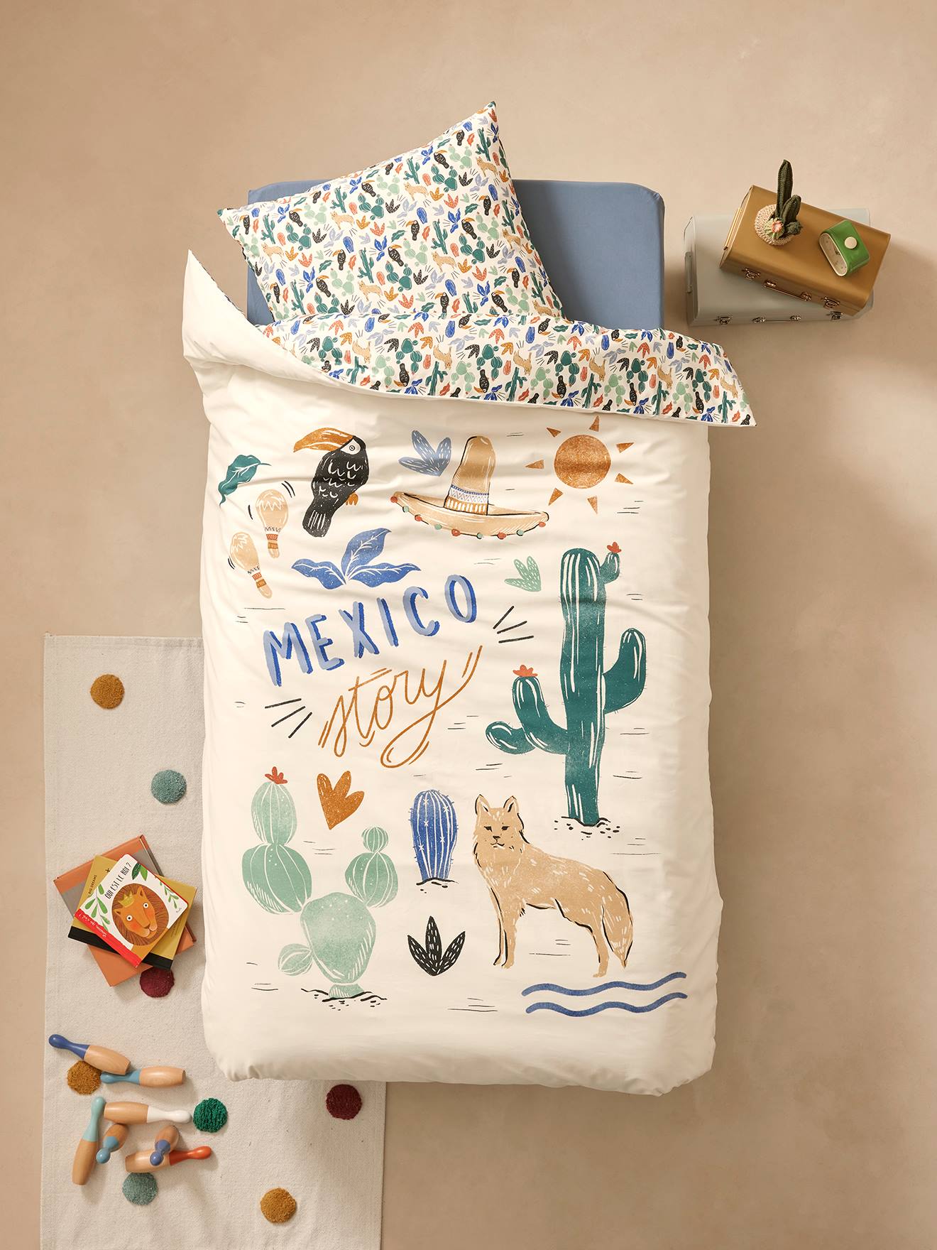 Pack housse de couette + taie d'oreiller MEXICO STORY, avec coton recyclé multicolore