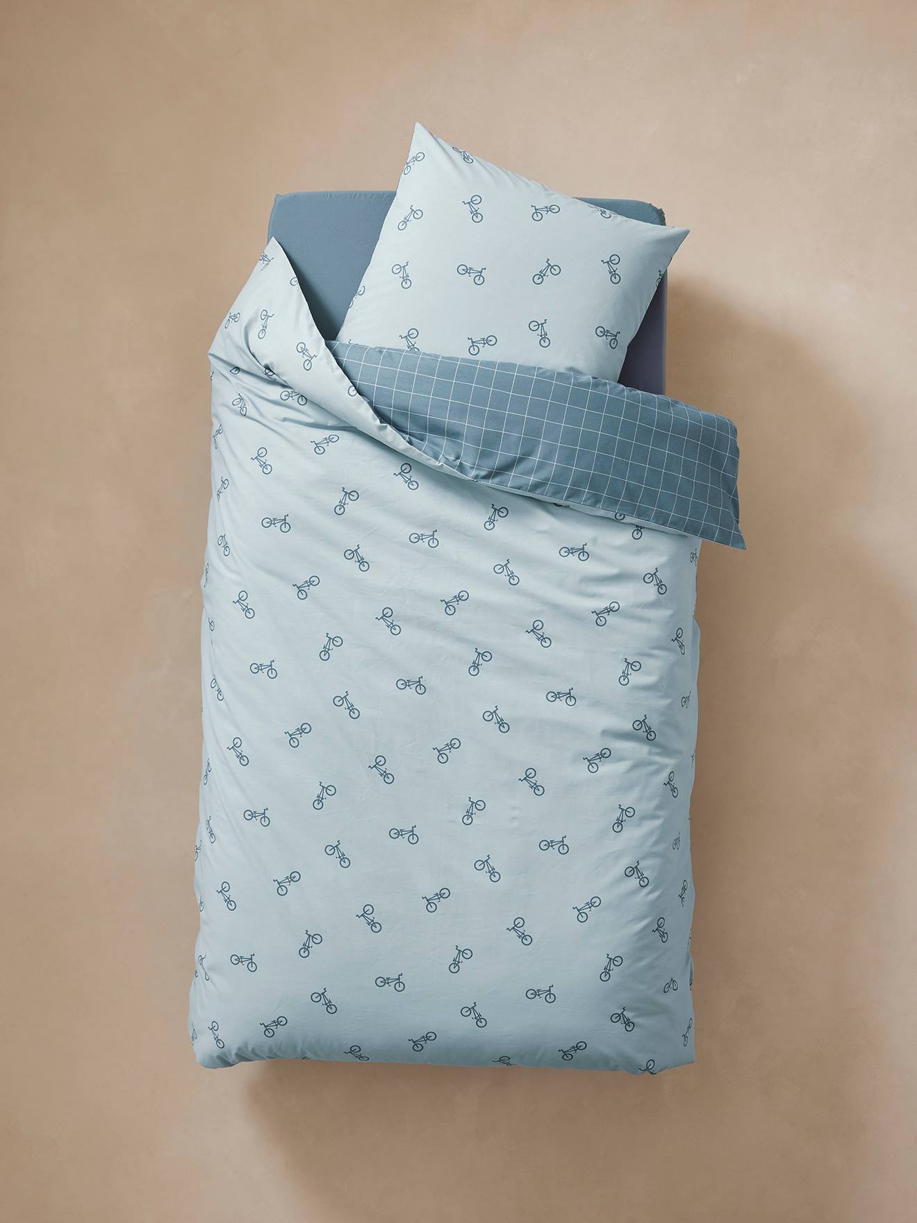 Parure housse de couette + taie d'oreiller Réversible CARREAUX VELOS, avec coton recyclé bleu imprimé